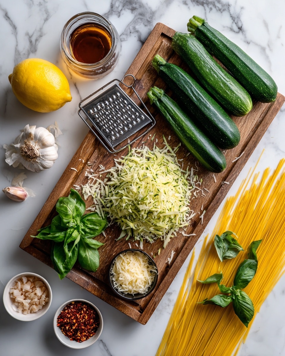 The image shows a wooden cutting board placed on a white marbled surface. On the board, there are three whole green zucchinis and one zucchini partially shredded next to a metal box grater, with a pile of shredded zucchini in front of it. A small pile of fresh green basil leaves sits on the lower left of the board. To the left of the board are a whole yellow lemon, a small glass container of brown liquid (likely oil or vinegar), and some garlic cloves, partially peeled. Below the board, on the white marble surface, are three small dishes: one with chopped shallots, one with red chili flakes, and another with grated cheese, possibly Parmesan. To the right of the board is a bunch of uncooked long yellow pasta strands spread out on the marble surface with a few sprigs of fresh green herbs scattered around. Photo taken with an iphone --ar 4:5 --v 7