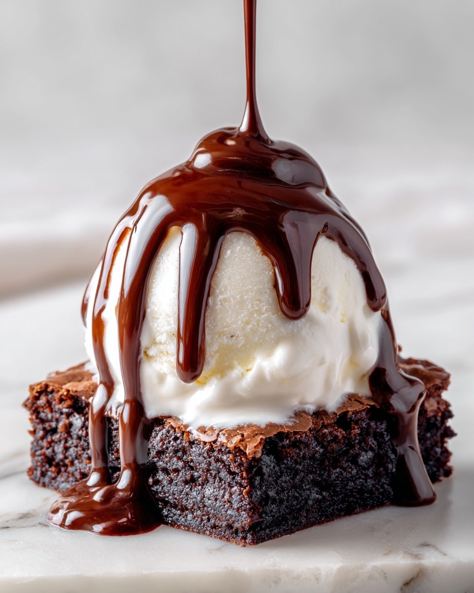 This image shows a dessert with three layers on a white marbled surface. The bottom layer is a square piece of dark brown chocolate brownie with a rough texture. On top of the brownie is a smooth, round scoop of white ice cream. Dark brown chocolate sauce is being poured from above, covering the top of the ice cream and flowing down the sides, draping over the brownie and pooling slightly at the base. The sauce is shiny and thick, creating a rich contrast against the white ice cream and dark brownie. Photo taken with an iphone --ar 4:5 --v 7