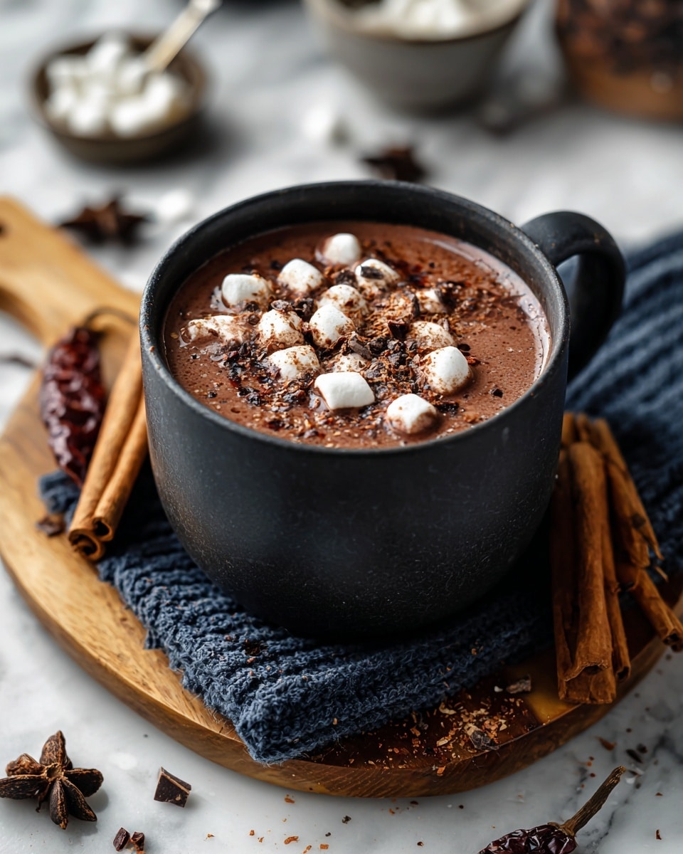 A clear glass mug filled with dark brown hot chocolate topped with white mini marshmallows arranged mostly on one side, sprinkled with small bits of dark chocolate and spice flakes; the mug sits on a light wooden board with cinnamon sticks and dried chili peppers scattered around, next to a thick dark gray knitted scarf, all placed on a white marbled texture surface, with a metal spoon lying nearby and a blurred bowl in the background containing more cinnamon sticks and dark chocolate pieces photo taken with an iphone --ar 4:5 --v 7