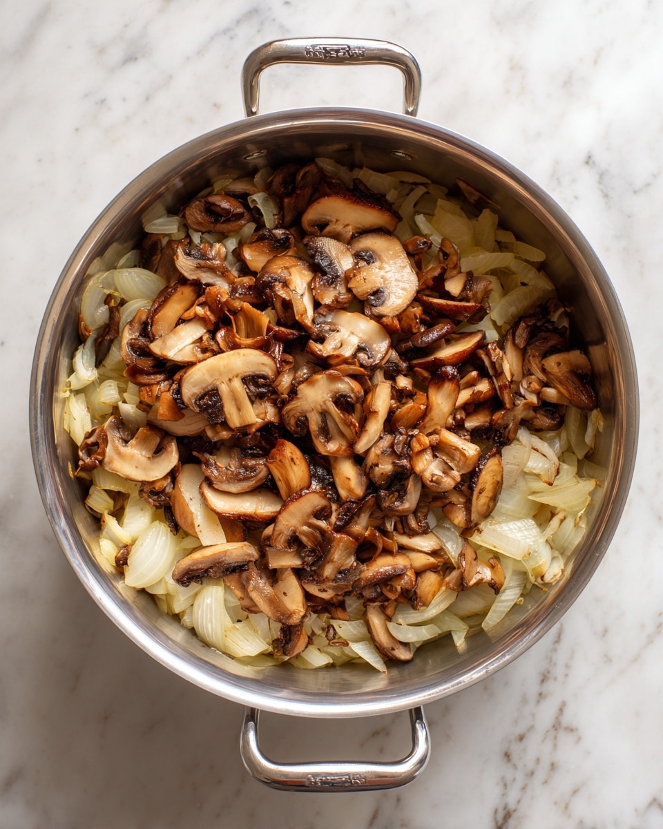 Inside a large stainless steel pot, there are two layers of cooked food. The bottom layer is made of light-colored, soft onion pieces, while the top layer has brown, sliced mushrooms with a slightly charred edge. The mushrooms look tender and mixed well with the onions. The pot sits on a white marbled surface with handles on each side. photo taken with an iphone --ar 4:5 --v 7