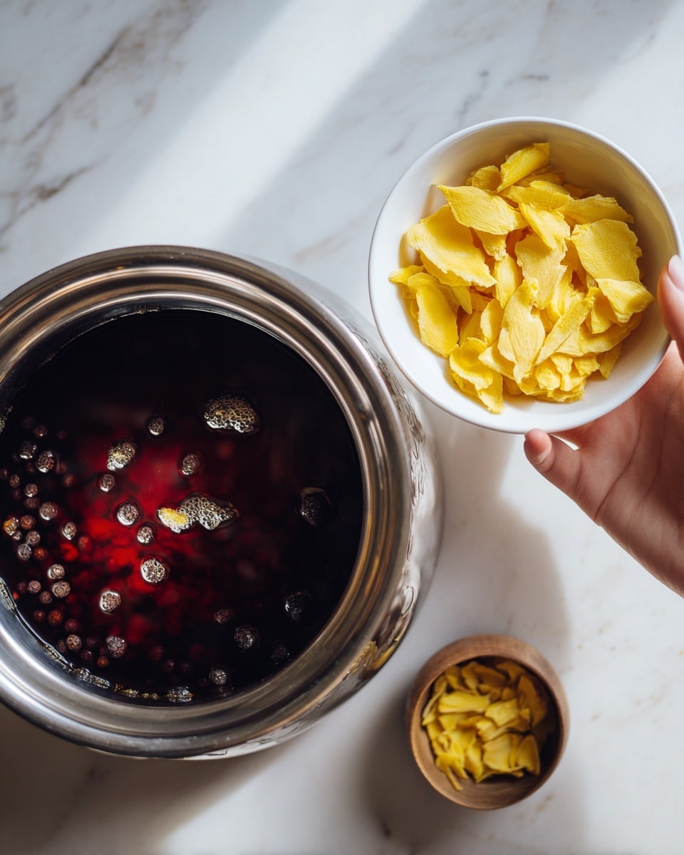 A close-up image of a silver metal pot with dark red liquid inside, and black peppercorns floating on top near the edges. Above the pot, a woman's hand is holding a small white ceramic bowl filled with yellow, uneven dried ginger slices, ready to add them to the pot. The scene is set on a white marbled surface. photo taken with an iphone --ar 4:5 --v 7