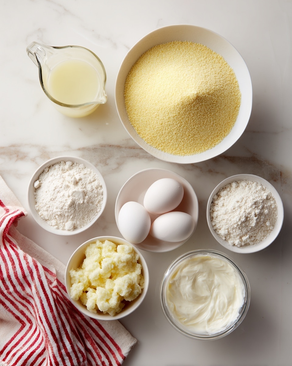 The image shows baking ingredients arranged neatly on a white marbled surface. There is a large white bowl filled with yellow cornmeal, a small clear glass pitcher with a light yellow liquid, and three small white bowls holding white powders and mashed bananas with a rough texture. Four white eggs are placed in the center. There is also an open container with a white creamy texture near the bottom right and a red-striped white cloth on the lower left side. Photo taken with an iphone --ar 4:5 --v 7