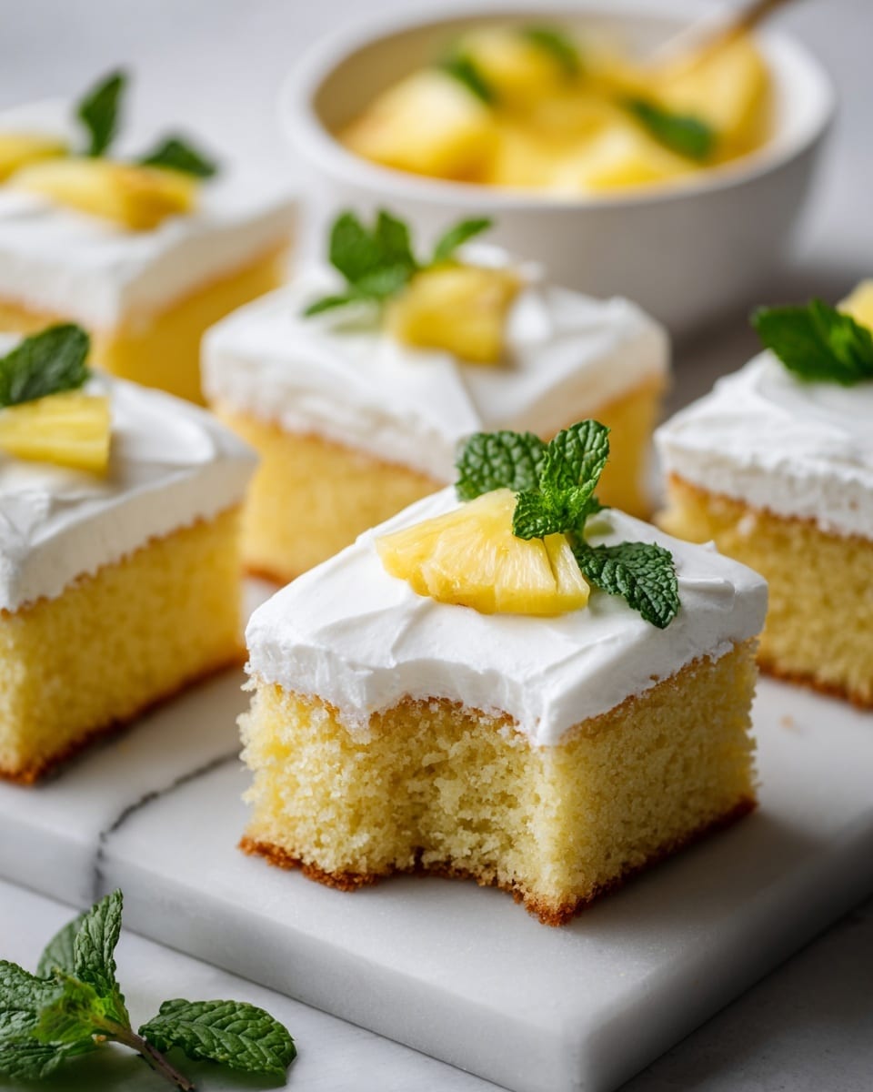 The image shows several square pieces of cake arranged closely together on a white marbled surface. Each piece has two layers: a bottom layer of golden-yellow spongy cake with a soft texture, and a thick top layer of smooth white frosting spread evenly. Some of the squares are decorated with small, fresh pineapple slices and bright green mint leaves placed on top, giving a fresh look. One piece is slightly lifted, showing the thickness and airy texture of the cake and frosting. In the background, a white bowl holds more pineapple slices and mint leaves. The scene is bright and clean, with a sharp focus on the cake pieces. Photo taken with an iphone --ar 4:5 --v 7