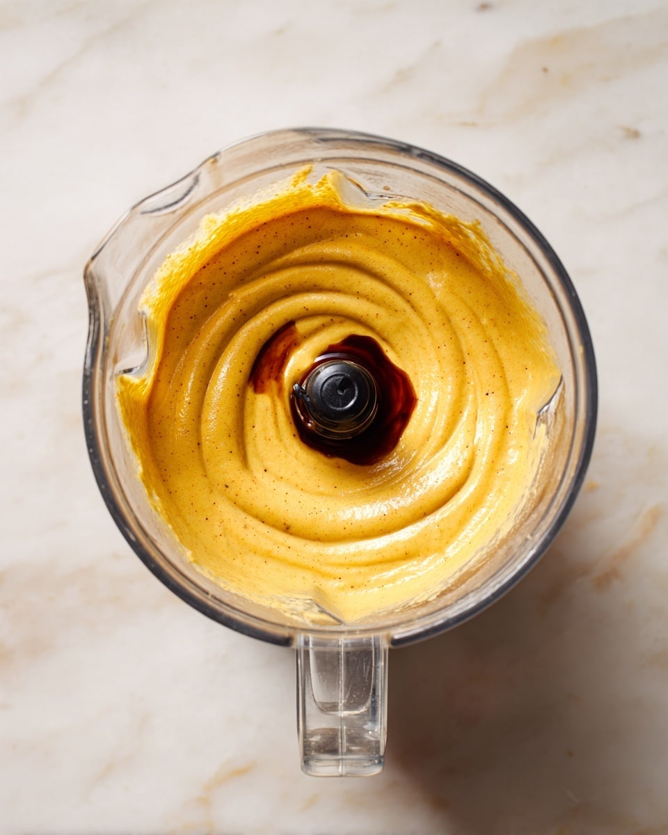 The image shows a top view of a blender placed on a white marbled surface. Inside the blender, there is a thick yellow-orange mixture with a smooth creamy texture, swirling around the center blade. A small pool of dark brown liquid, possibly vanilla or syrup, is visible in the middle of the mixture, blending into the yellow layer as the blender is on. The transparent blender jar reveals the mixture’s consistent flow and the texture of the liquid inside. The blender handle is clear and positioned on the right side of the jar. Photo taken with an iphone --ar 4:5 --v 7