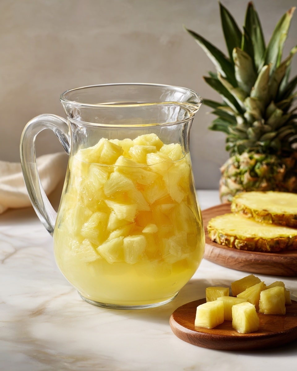 A clear glass pitcher is filled with small yellow and pale yellow pineapple pieces soaked in juice, creating a mix of textured chunks and smooth liquid. Behind the pitcher, there is a white marbled surface with a few round pale yellow pineapple slices resting on a wooden board, and a fresh pineapple top with green spiky leaves is placed nearby to the right. The scene uses soft natural light highlighting the juicy texture and bright colors of the pineapple. photo taken with an iphone --ar 4:5 --v 7