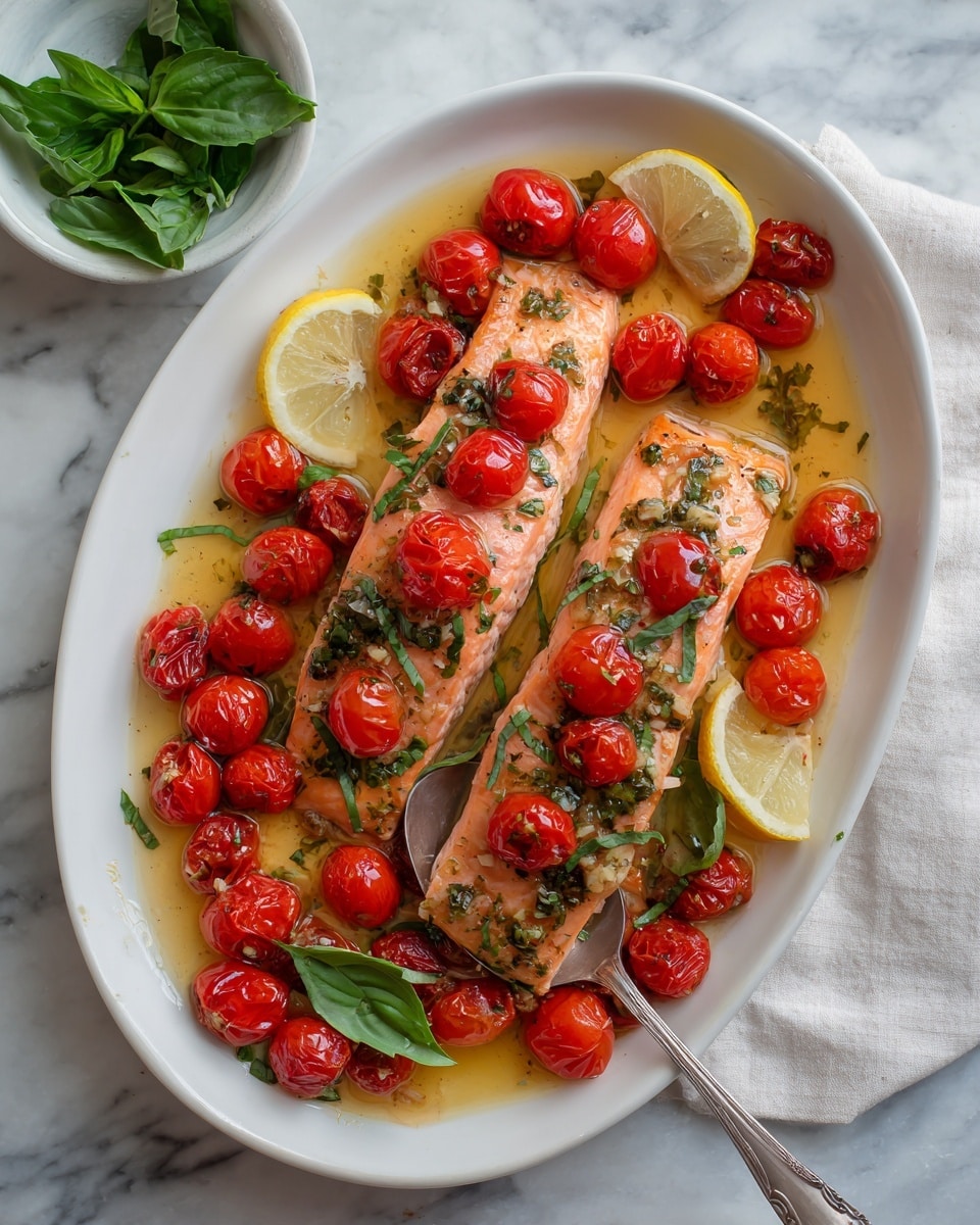A white oval plate holds two cooked pink salmon fillets in the center, each with a light coating of sauce and small green basil strips scattered on top. Bright red roasted cherry tomatoes surround the salmon in a single layer, glistening with juices and herbs. Fresh whole basil leaves are placed among the tomatoes for color contrast. Around the edge of the plate, there are two light yellow lemon wedges, one on the top right and the other on the bottom left. A silver spoon rests on the right side of the plate, touching some of the tomatoes. The plate sits on a white marbled surface, with a small white bowl of fresh basil leaves nearby. photo taken with an iphone --ar 4:5 --v 7