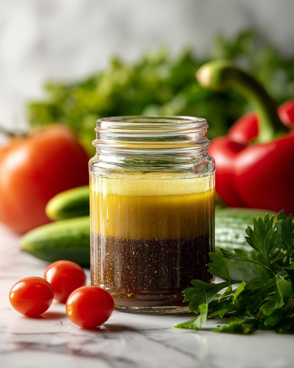 A clear glass jar filled with three distinct layers of salad dressing sits on a white marbled surface. The bottom layer is dark brown with small particles, the middle layer is a lighter yellowish-brown, and the top layer is bright yellow and smooth. Surrounding the jar on the white marbled surface are fresh, colorful vegetables: red cherry tomatoes in the left front, green bell pepper in the left back, two fresh cucumbers next to the jar on the right, a bunch of fresh green parsley on the front right, and a shiny red bell pepper in the back right. The background is softly blurred with a white marbled texture. photo taken with an iphone --ar 4:5 --v 7