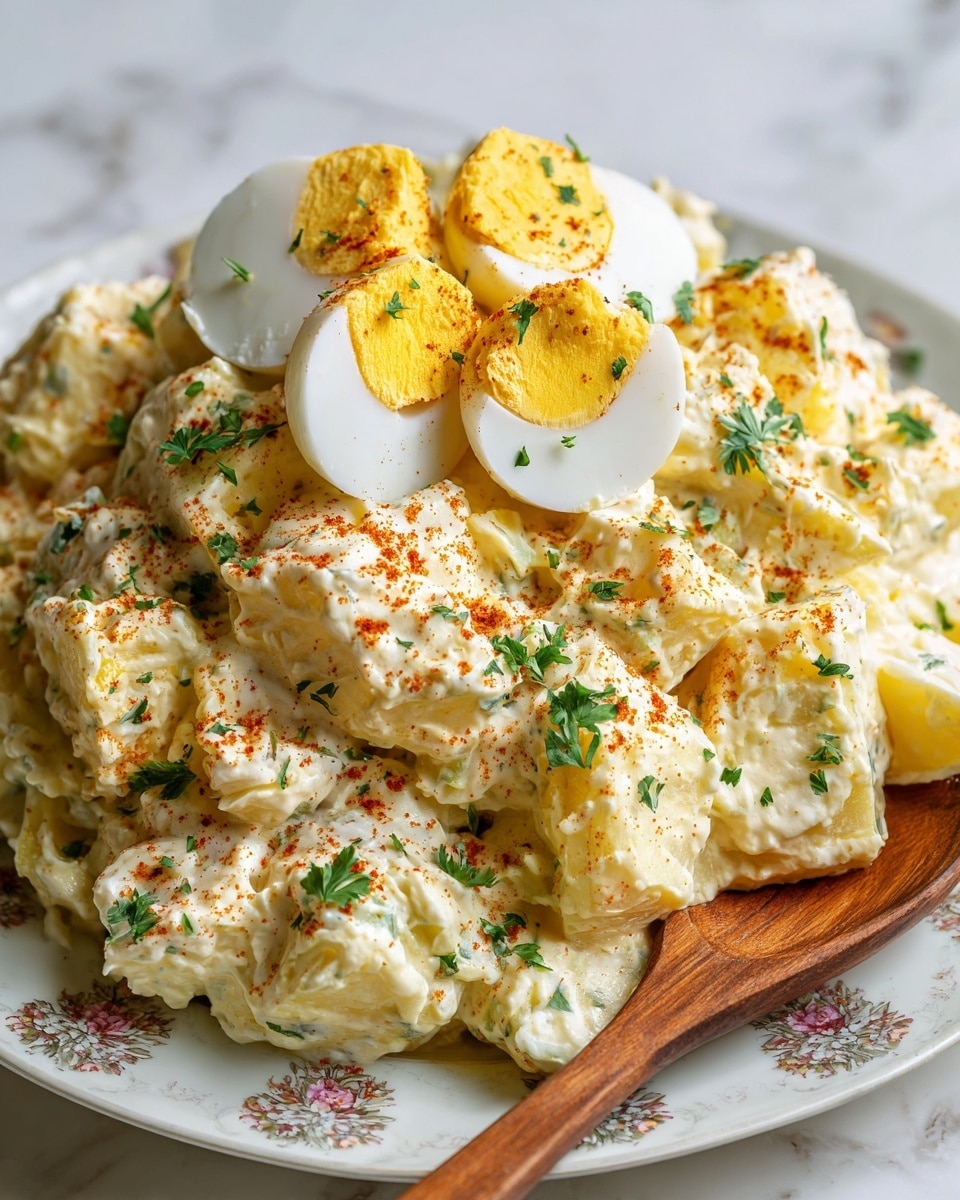 The image shows a thick, creamy potato salad served in a white plate with a subtle floral pattern around the edge. The salad is pale yellow with chunks of potato and egg mixed in a smooth, creamy dressing. The top of the salad has a light sprinkling of reddish seasoning and small green parsley leaves scattered on it. In the center, there are four neatly stacked slices of hard-boiled egg with a bright yellow yolk. A wooden spoon rests on the edge of the plate, ready for serving, and the dish sits on a white marbled surface. photo taken with an iphone --ar 4:5 --v 7