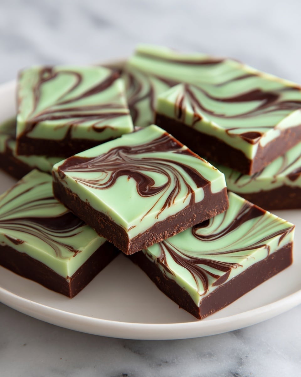 The image shows square pieces of layered chocolate bark placed on a white plate with a white marbled background. Each piece has two visible layers: the bottom dark chocolate layer is smooth and shiny with a rich, deep brown color, and the top layer is a pale green mint chocolate with dark brown swirls creating a marbled pattern. The marbling swirls curve smoothly across the green surface, giving a sense of delicate craftsmanship. The pieces are neatly arranged, showing clean, straight edges. Photo taken with an iphone --ar 4:5 --v 7
