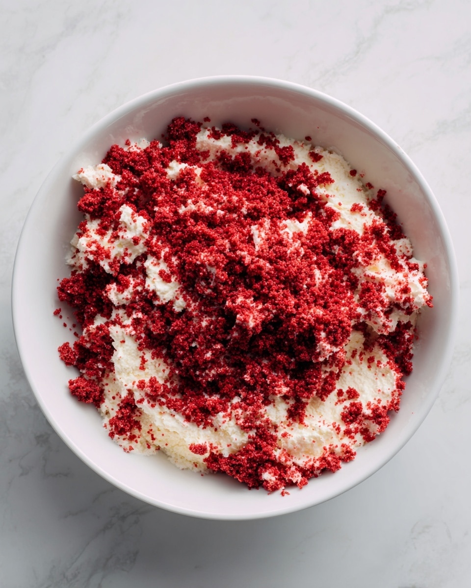 A white bowl filled with crumbled layers of red velvet cake and white cream cheese frosting mixed together, showing a rough and crumbly texture with bright red and white contrasting colors spread evenly throughout. The bowl is placed on a white marbled surface. photo taken with an iphone --ar 4:5 --v 7