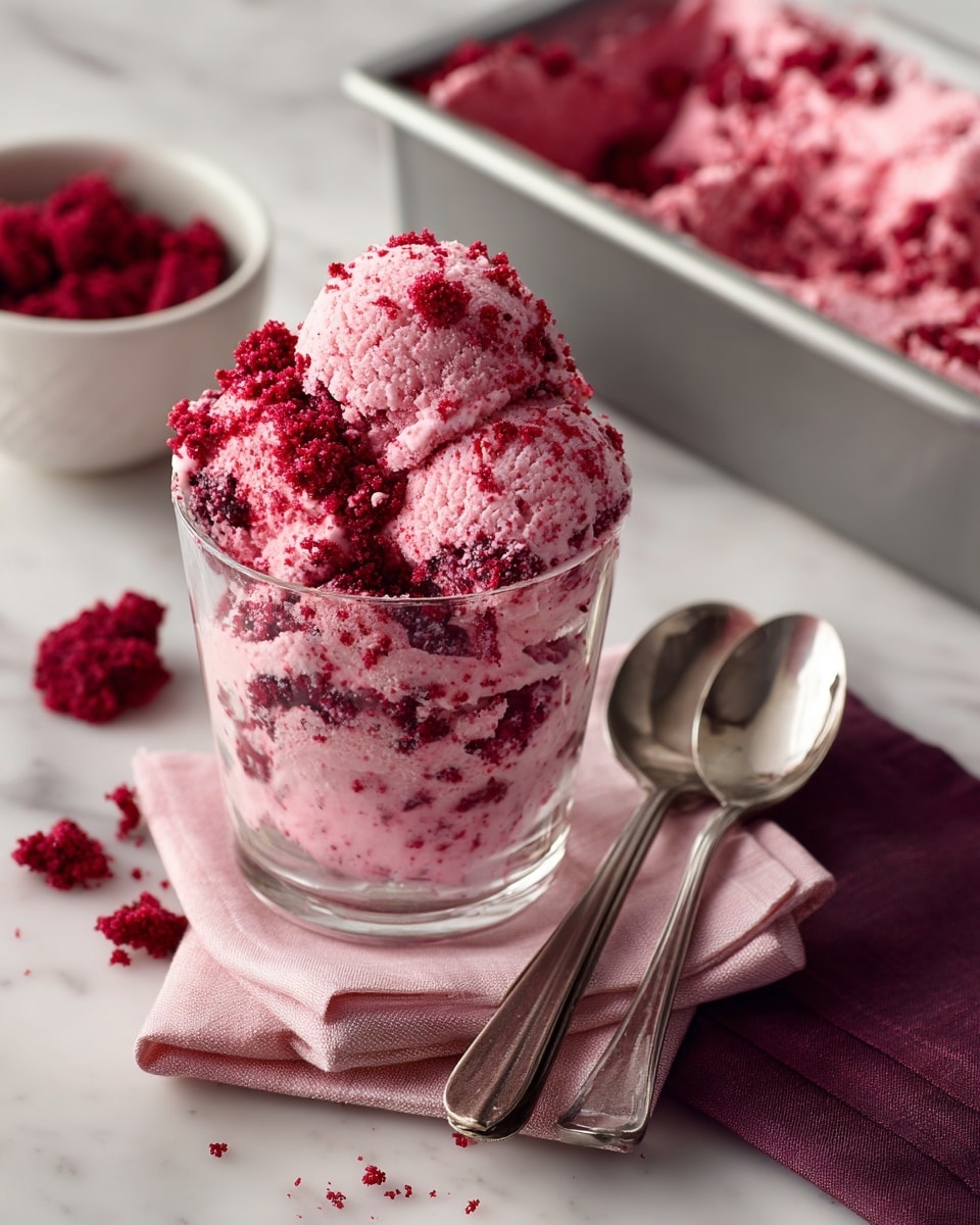 The image shows a glass cup filled with two main layers of dessert: a bright pink creamy ice cream-like layer with a soft texture and deep red crumbly cake pieces mixed in, creating a rough texture. This cup is placed on a white marbled surface alongside a folded pink napkin holding two shiny silver spoons. Nearby, there is a rectangular metal container with more of the same pink creamy dessert and cake crumbs, some scooped out, resting on a dark purple cloth. To the left, a white bowl holds extra red crumbly cake pieces scattered lightly around the surface. photo taken with an iphone --ar 4:5 --v 7