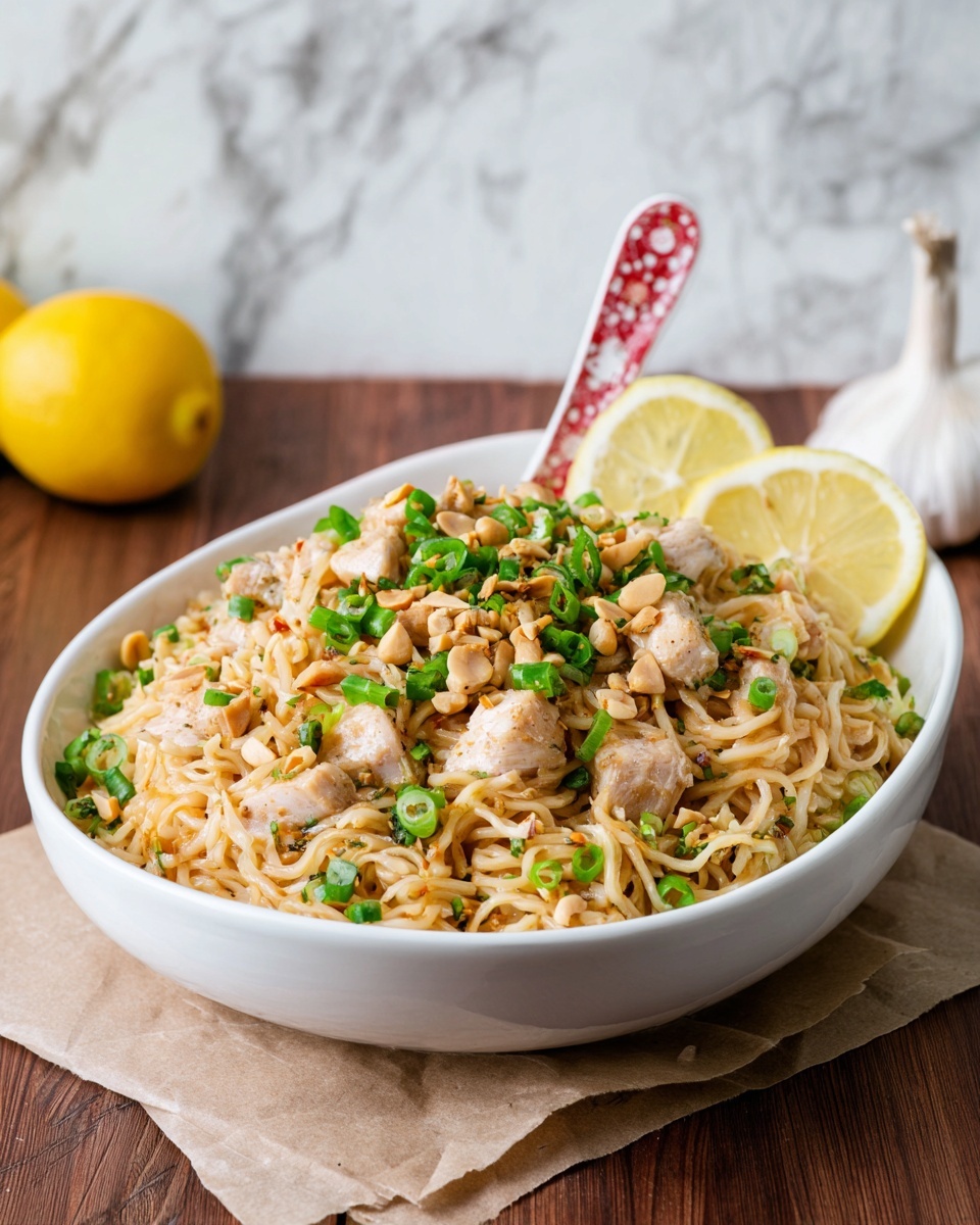 The dish is served in a white oval bowl filled with light beige shredded noodles mixed with pieces of cooked white meat, topped with chopped green onions and whole peanuts. Two lemon wedges are placed on the right side of the bowl. A decorative red and white spoon stands at the back of the bowl. The bowl rests on brown paper over a wooden surface, with a white marbled wall in the background and a garlic bulb to the upper right. photo taken with an iphone --ar 4:5 --v 7