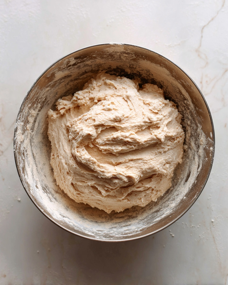 A top-down view of a single large metal bowl with thick, uneven dough resting in the middle. The dough is pale beige with a soft, sticky texture and some rough, bumpy areas, clinging lightly to the bowl sides, revealing a dusting of flour. The bowl sits on a white marbled textured surface. photo taken with an iphone --ar 4:5 --v 7
