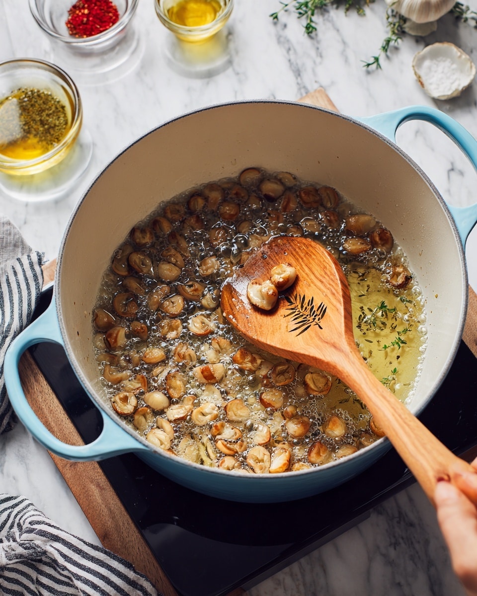 A close-up view of a light blue cooking pot with white inside, filled with small, browned pieces frying in bubbling oil. A wooden spoon held by a woman's hand is lifting some of the pieces, showing a smooth light wood texture with a small herb design on it. The pot sits on a black stovetop, and the background is a white marbled surface with a black and white striped cloth to the side and small glass bowls with red and yellow ingredients around. Photo taken with an iphone --ar 4:5 --v 7