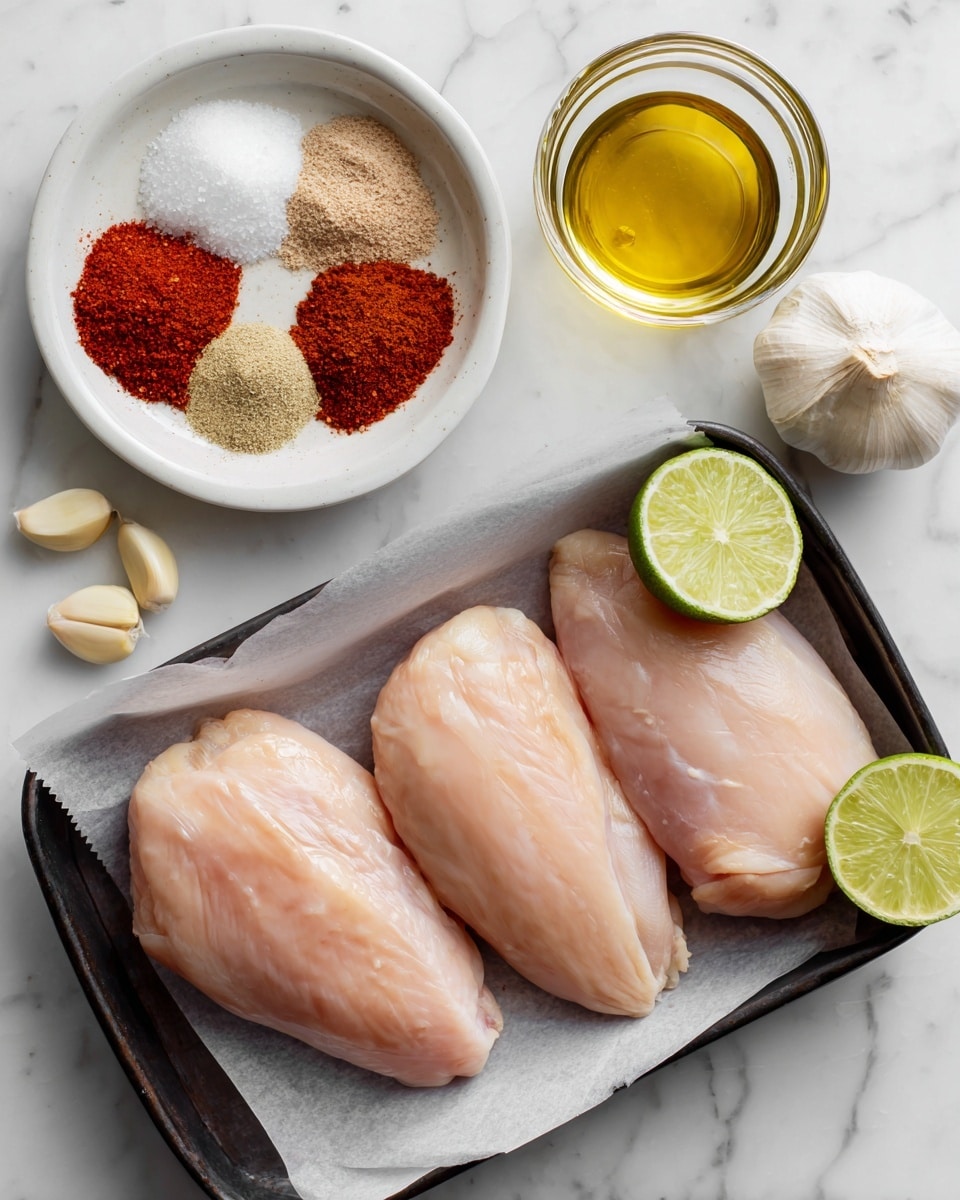 The image shows four smooth, pale pink raw chicken pieces placed on white parchment paper inside a small black tray. Above the tray, there is a white bowl with five spice powders in separate sections: white salt, bright red paprika, dark red chili powder, light brown ground cumin, and off-white garlic powder. To the right of the tray, there are three lime halves with a bright green skin and light green inside, along with four cloves of garlic with beige skins. Above the limes and garlic, there is a clear glass bowl filled with light golden oil. All items are set on a white marbled surface. photo taken with an iphone --ar 4:5 --v 7