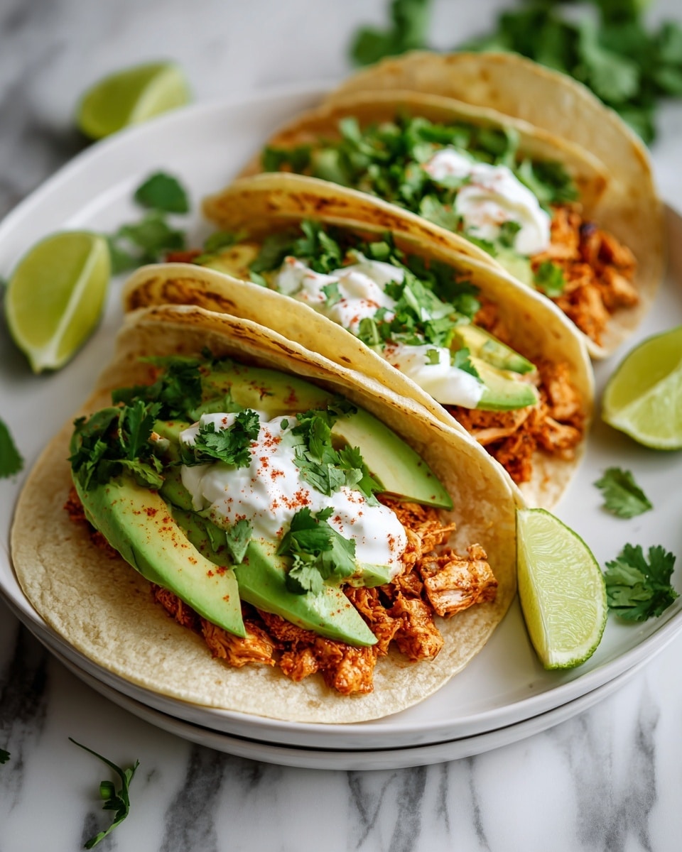 The image shows three soft corn tortillas on a white plate, each filled with four layers. The bottom layer is small pieces of cooked chicken with a slight red spice on top, followed by slices of fresh green avocado placed on the chicken. Next, a dollop of white sour cream sits on the avocado, and the top layer is fresh green cilantro leaves scattered over everything. Around the plate, there are lime wedges and extra cilantro on a white marbled surface. Photo taken with an iphone --ar 4:5 --v 7