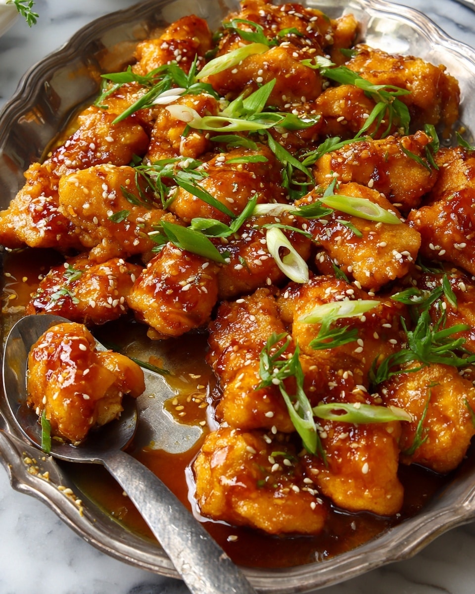 The image shows many golden brown pieces of chicken covered in a thick, shiny orange-brown sauce spread unevenly over a silver tray. Each chicken piece is sprinkled with small white sesame seeds and thin slices of fresh green onion scattered on top. Some sauce pools around the chicken pieces, creating a glossy texture that adds depth. A metal spoon rests under some pieces toward the bottom left, lifting a few pieces slightly above the tray. The background has a white marbled texture. photo taken with an iphone --ar 4:5 --v 7
