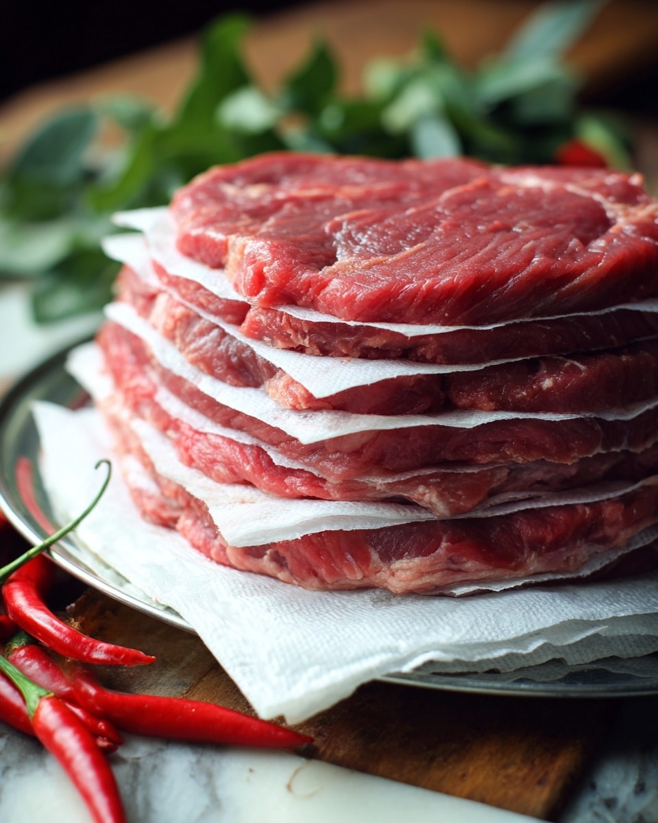 A stack of eleven large, raw meat slices lie flat and layered on a white paper towel that covers a metal tray, each layer showing a pinkish-red color with visible muscle fibers and slight fat patterns, placed on a wooden surface with green leaves and red chili peppers blurred in the background, all set against a white marbled texture. photo taken with an iphone --ar 4:5 --v 7