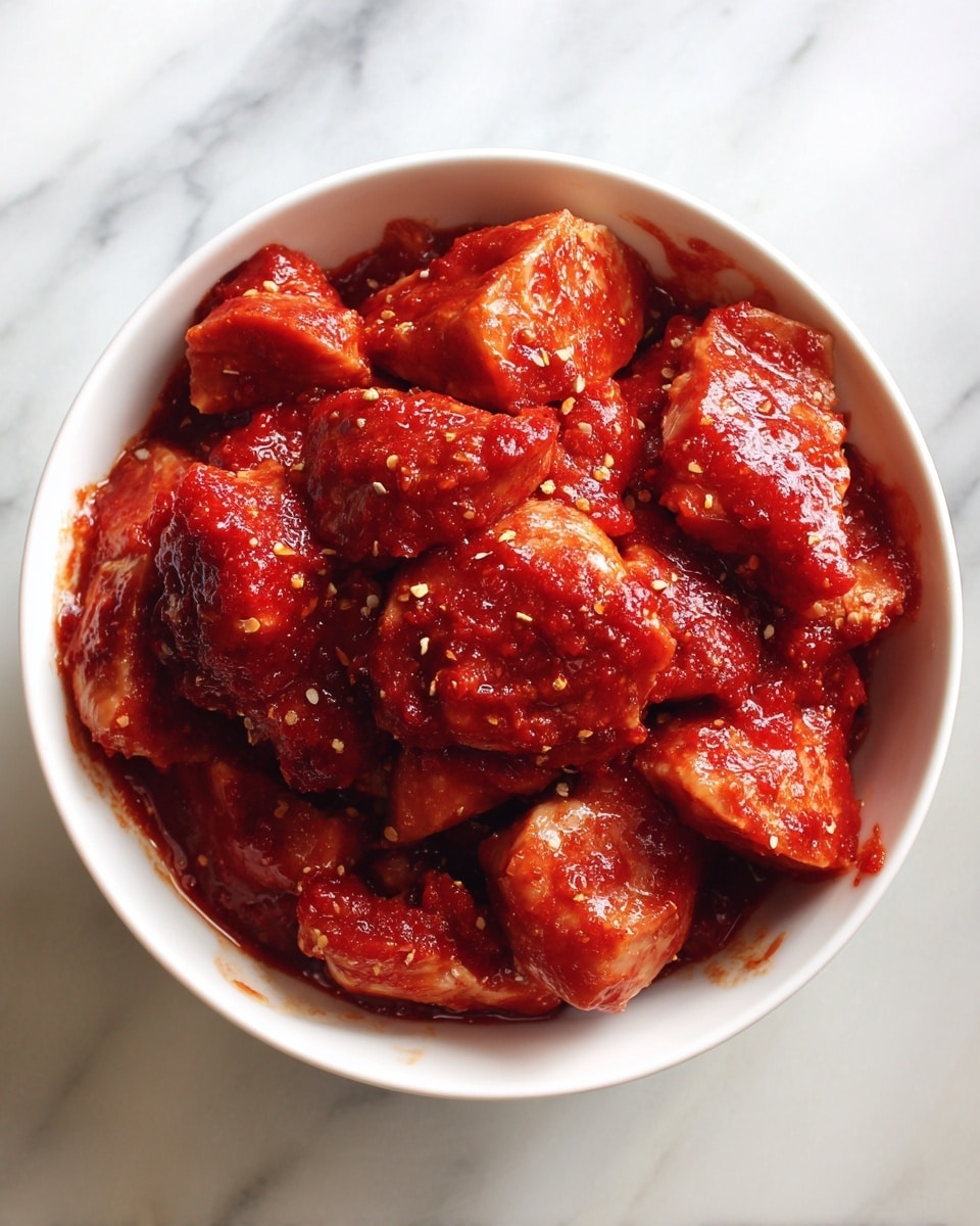 A white bowl filled with chunks of raw chicken coated in a thick red marinade, with the sauce spread unevenly on the bowl edges; the chicken pieces vary in size and have a glossy texture from the marinade. The background is a white marbled surface. photo taken with an iphone --ar 4:5 --v 7
