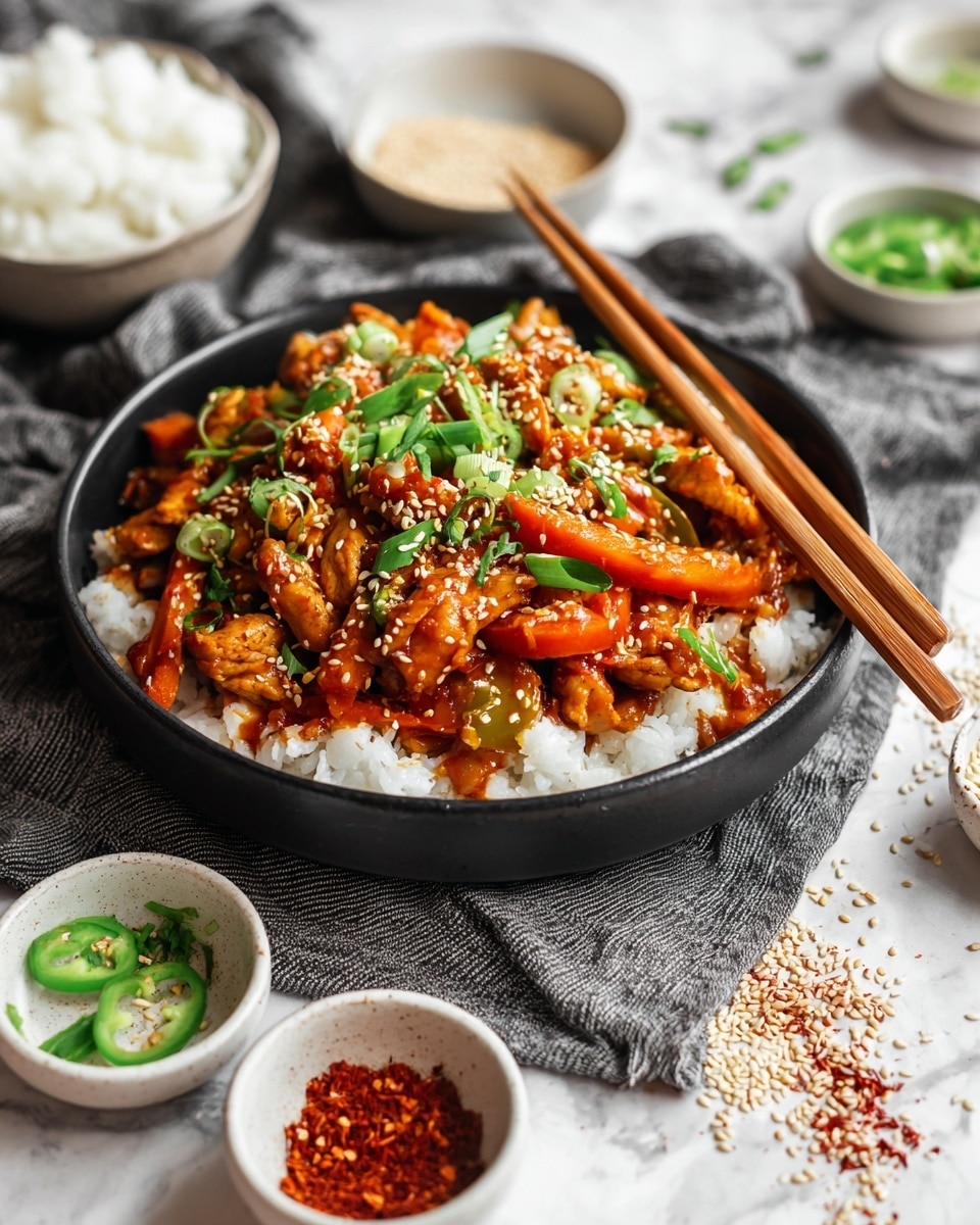 A close-up view of a black bowl filled with a colorful stir-fry dish placed on a white marbled textured surface covered by a gray woven cloth. The dish inside has a base of thick white rice cakes mixed with light brown pieces of cooked chicken and bright orange carrot slices, all covered in a slightly glossy reddish-brown sauce. The stir-fry is topped with white sesame seeds and chopped green onions, adding texture and color contrast. Around the bowl, small white bowls hold crushed red spices, green sliced chili peppers, and sesame seeds, with light wooden chopsticks resting beside the main bowl. The scene is detailed and vibrant, with some scattered sesame seeds and herbs on the cloth for a natural look. Photo taken with an iphone --ar 4:5 --v 7