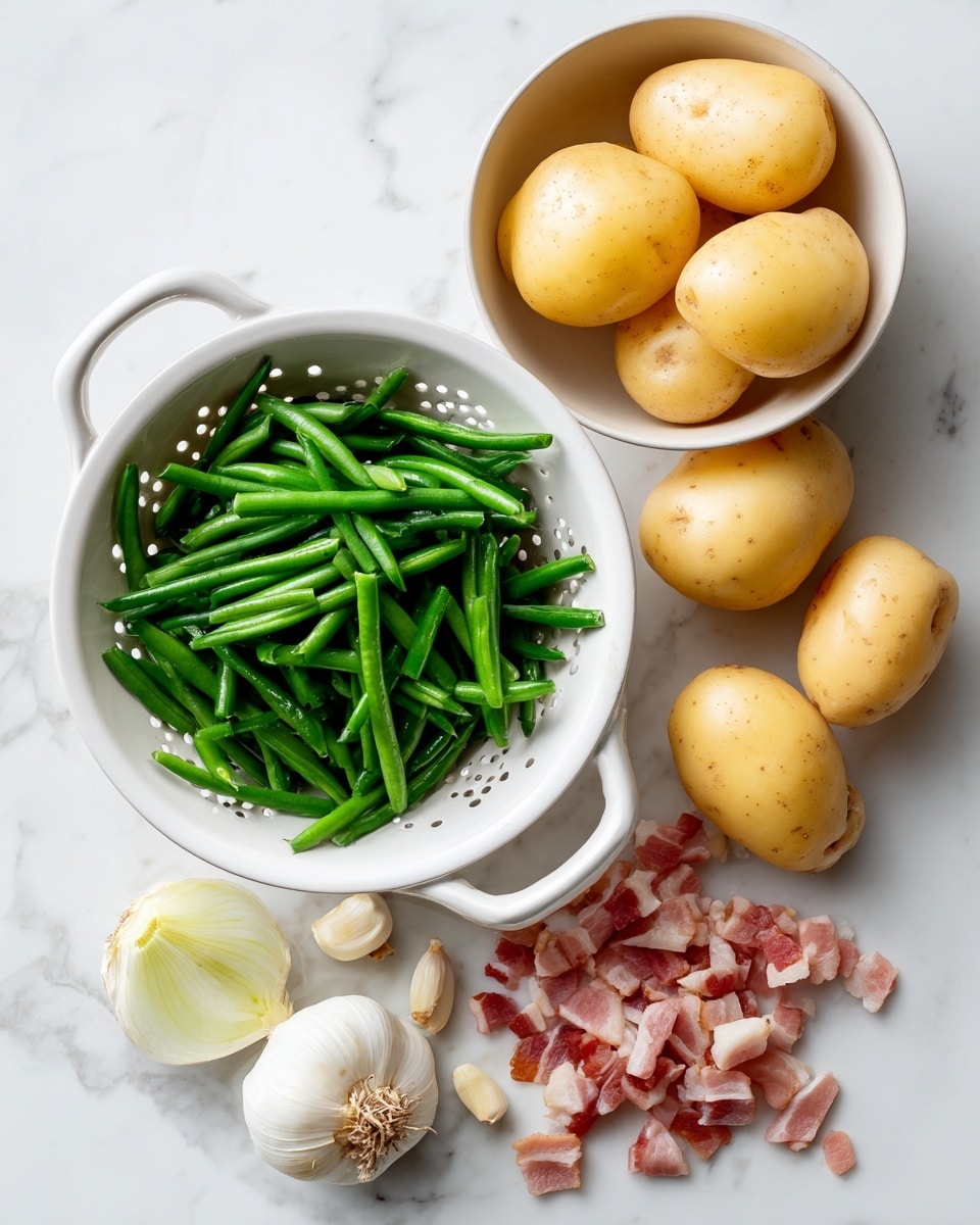 The image shows various fresh cooking ingredients arranged neatly on a white marbled surface. On the left is a white colander filled with bright green cut beans, with a few whole beans scattered near the bottom. Below the colander, there are several peeled garlic cloves, a whole yellow onion, and some chopped pieces of bacon with pink and white stripes. To the right, a white bowl holds four whole pale yellow potatoes, and one more potato is placed outside the bowl near the top right. The items are spread out clearly and evenly, making each ingredient visible and distinct. photo taken with an iphone --ar 4:5 --v 7