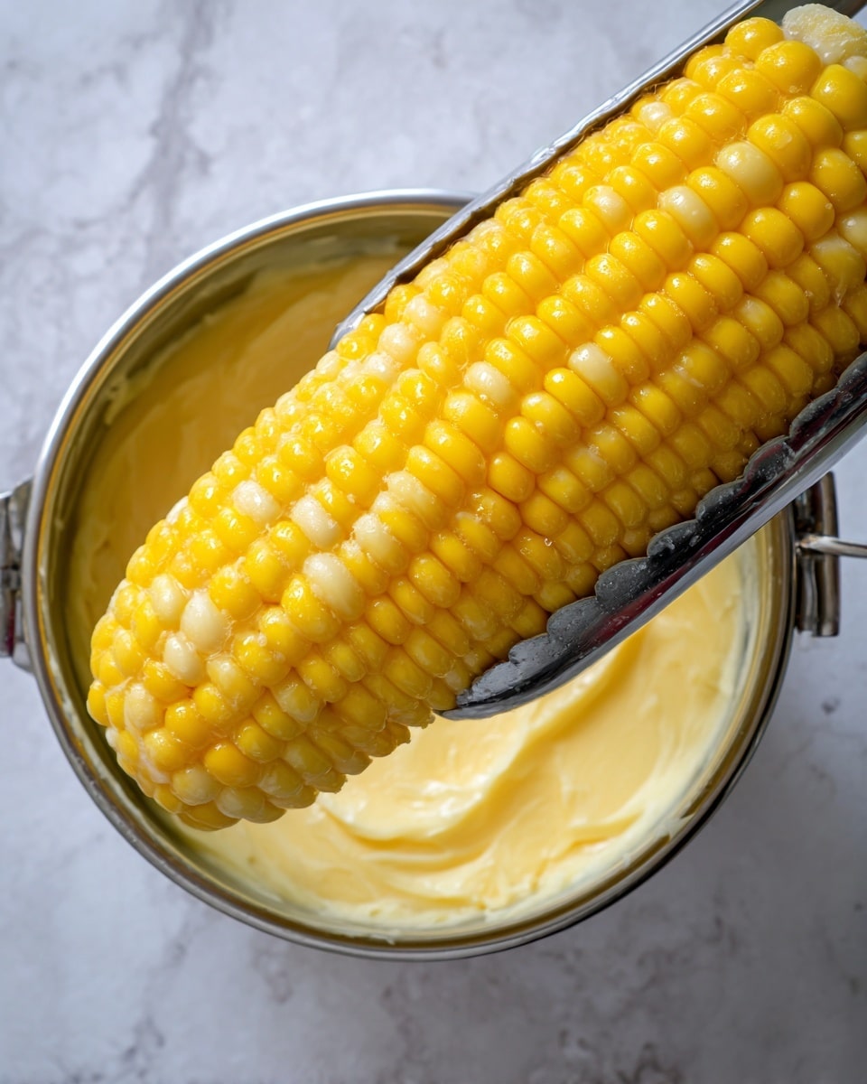 The image shows a bright yellow corn on the cob held by metal tongs just above a pot of melted butter, which has a creamy light yellow color and a smooth texture. The corn’s kernels are shiny and plump, arranged in neat rows. The background shows a white marbled texture. Photo taken with an iphone --ar 4:5 --v 7