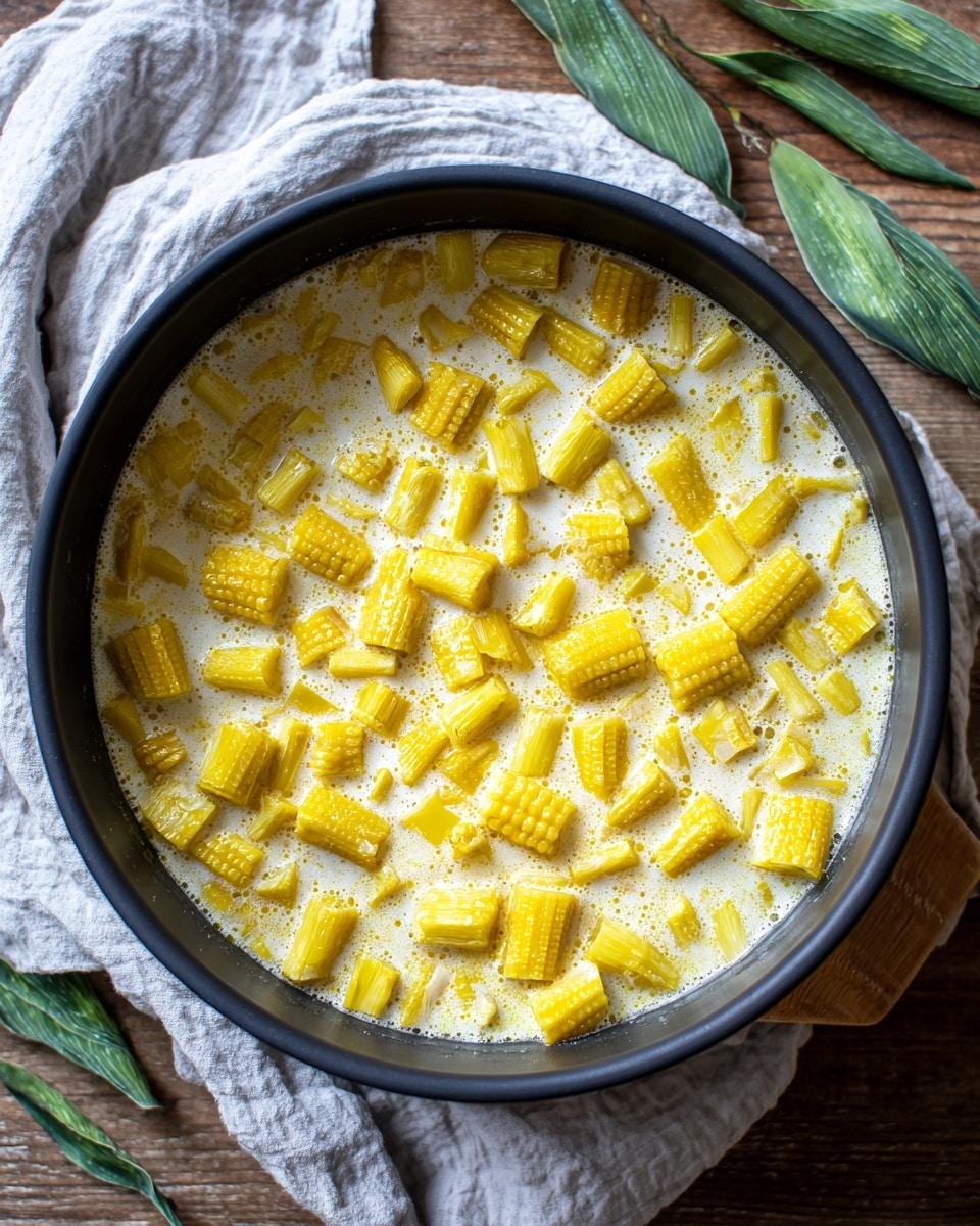 A black pot filled with bright yellow corn pieces in a milky, slightly foamy liquid. The corn is cut into small sections and partially submerged in the creamy broth. The pot sits on a folded cloth on top of a wooden surface, with some light green leafy vegetable slices placed casually in the background. The whole scene is set against a white marbled textured surface. Photo taken with an iphone --ar 4:5 --v 7
