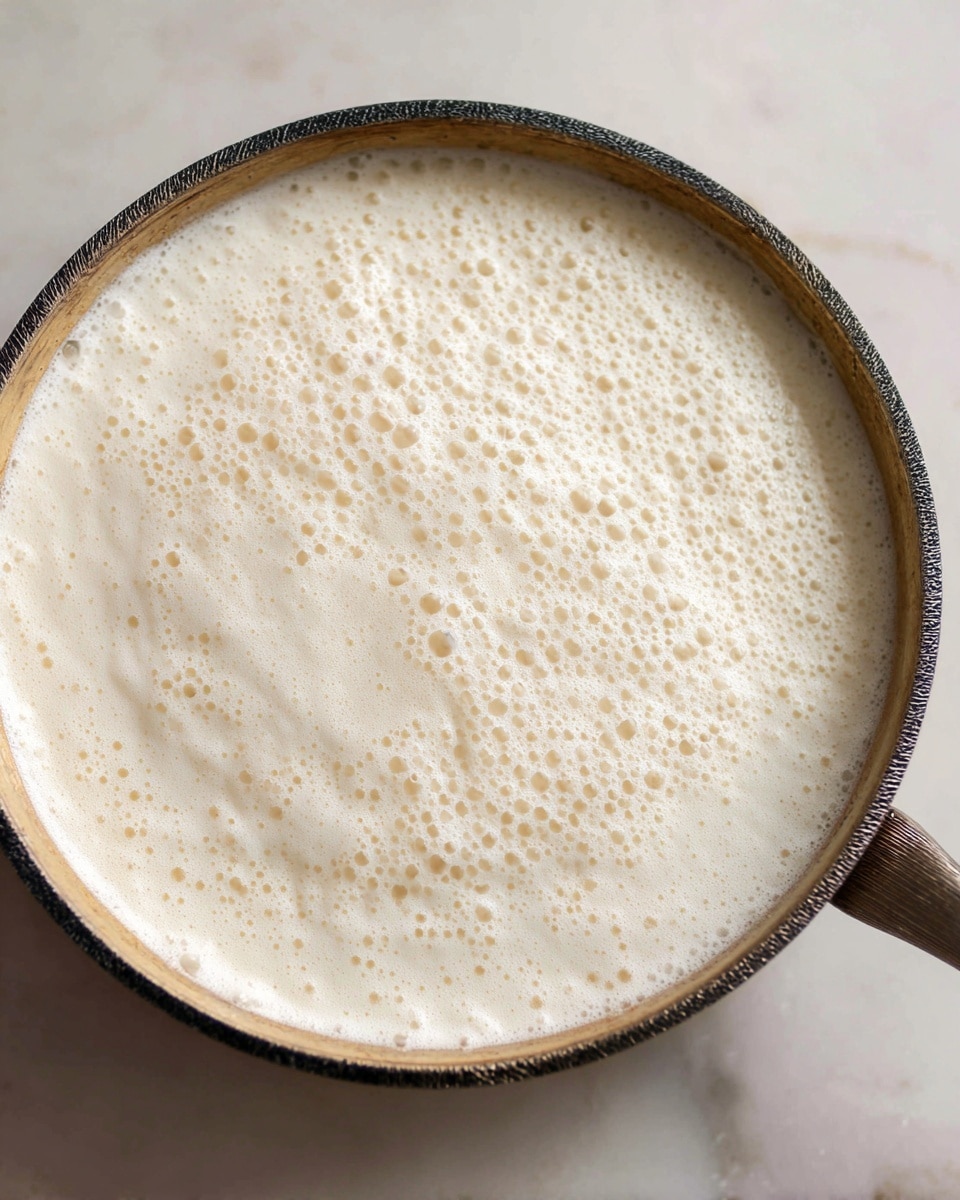 A close-up view of a metal pan filled with a foamy, creamy white liquid that covers the entire surface. The foam has tiny bubbles and a slightly uneven texture with some areas showing a pale yellow tint underneath. The pan handle is visible at the bottom, sitting on a white marbled surface, and the pan itself has a dark textured edge. The liquid looks soft and frothy with a smooth, airy feel. photo taken with an iphone --ar 4:5 --v 7