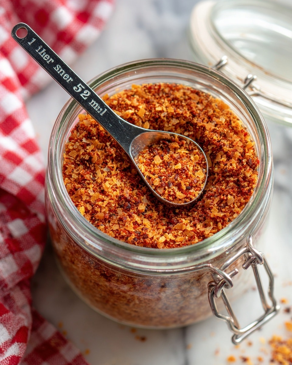A close-up top view of a clear glass jar filled with coarse, reddish-orange spice mix containing visible flakes and seeds. A metal measuring spoon labeled