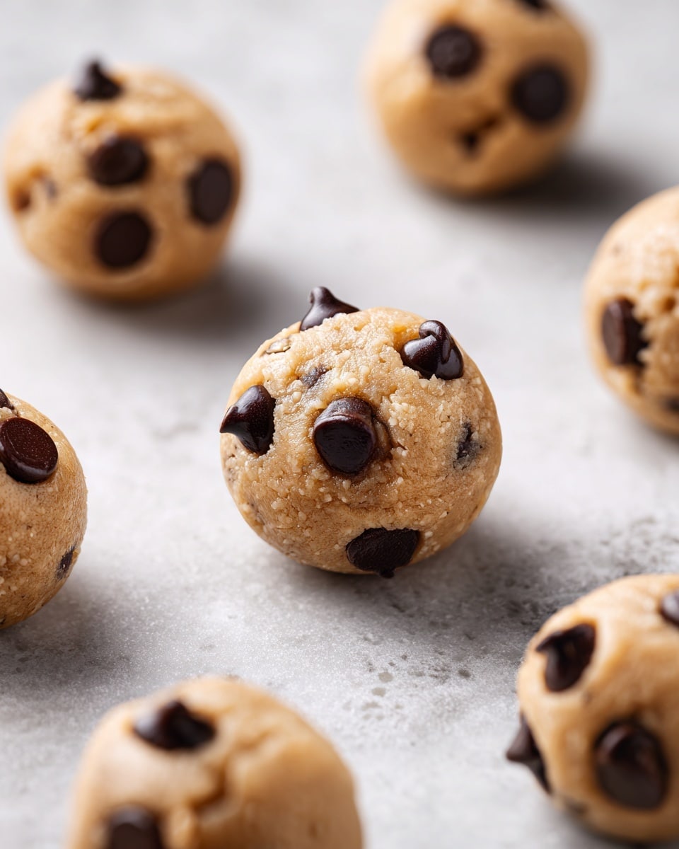 Several small cookie dough balls with dark chocolate chips are placed on a white marbled smooth surface. Each round dough ball is light brown with a soft, grainy texture and embedded with shiny, dark chocolate chips that pop out on the surface in a random pattern. The dough balls are spaced apart, with one ball in sharp focus in the center, showing its slightly rough edges and glossy chocolate chips, while the surrounding dough balls are softly blurred, giving a sense of depth. photo taken with an iphone --ar 4:5 --v 7