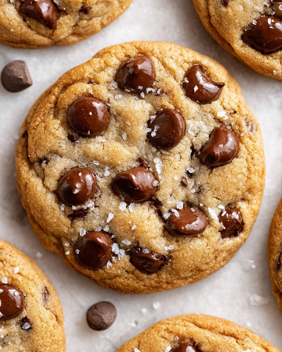 A close-up view of a soft, golden-brown cookie studded with large, shiny milk chocolate chips that look melted and smooth, scattered across the top layer. The cookie has a slightly uneven surface with a textured, baked dough base showing shades of light beige and warm brown, and is sprinkled with tiny flakes of white sea salt. The cookie sits on a white marbled surface with parts of two more cookies slightly visible at the edges, adding a cozy and warm feel to the image. photo taken with an iphone --ar 4:5 --v 7