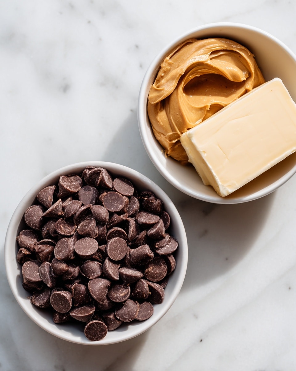 The image shows two white bowls on a white marbled surface. The first bowl is full of smooth, shiny, dark brown chocolate chips piled high. The second bowl contains three layers: a base layer of dark brown chocolate chips, a dollop of light brown creamy peanut butter on one side, and a pale beige square of solid butter next to the peanut butter. Both bowls present simple ingredients with clear textures in natural light. Photo taken with an iphone --ar 4:5 --v 7