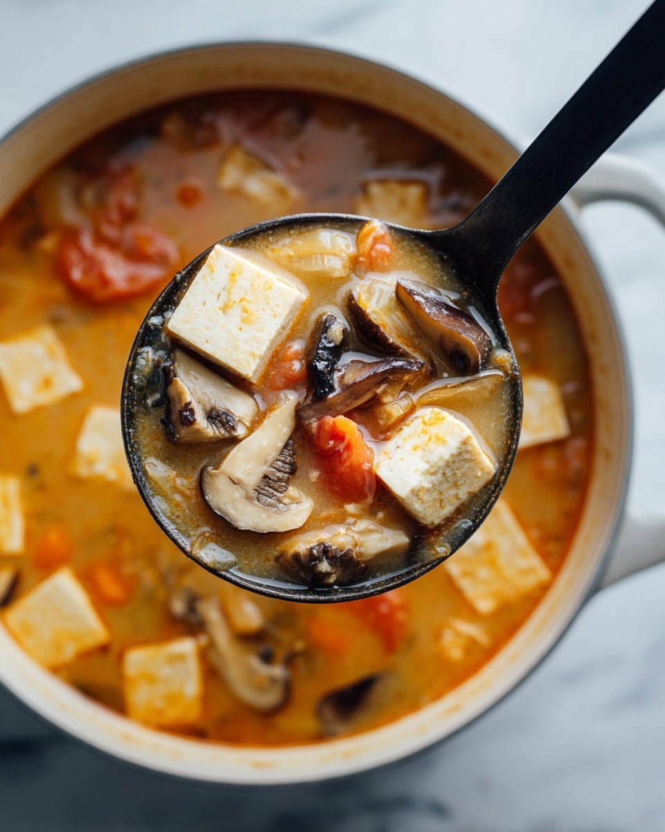 A black ladle holds a scoop of soup showing three main layers: the top layer has large soft mushroom slices in light brown with dark edges, the middle layer shows cream-colored tofu cubes, and the bottom layer contains chunky red tomato pieces in an orange-red broth. The ladle is held over a white pot filled with more of the same soup on a white marbled surface. The colors of the soup are warm with a mix of light brown, cream, red, and orange tones. photo taken with an iphone --ar 4:5 --v 7