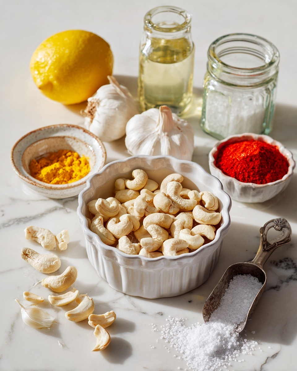 A white scalloped bowl filled with light beige cashew nuts soaking in water is in the center, surrounded by several small white dishes and glass jars on a white marbled surface; there is a bowl with yellow powder near a whole yellow lemon, a cluster of garlic cloves, a jar with white solid coconut oil, a container with bright red powder, and a scoop with coarse white salt spilled on the surface. photo taken with an iphone --ar 4:5 --v 7