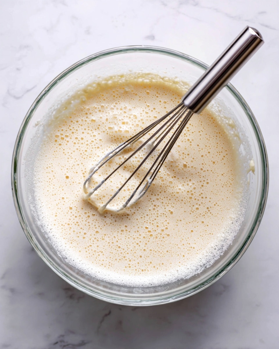 In the image, there is a transparent glass bowl filled with a light cream-colored frothy mixture with small bubbles on the surface. Two silver beaters from an electric mixer rest inside the bowl, slightly coated with the creamy mixture. The bowl is placed on a white marbled surface. The texture of the mixture looks soft and airy as if it was just whipped. Photo taken with an iphone --ar 4:5 --v 7