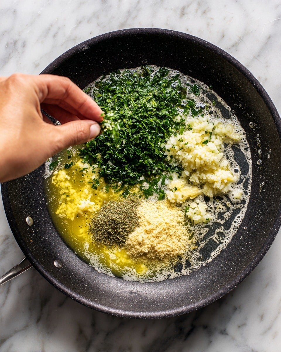 A top view of a dark frying pan filled with bubbling melted butter spread mostly on one side, with a heap of finely chopped green herbs in the center, a mound of minced garlic texture right below the herbs, and a mix of dry spices in small piles near the butter. A woman's hand is sprinkling fresh chopped herbs on top, with the pan placed on a white marbled surface. photo taken with an iphone --ar 4:5 --v 7