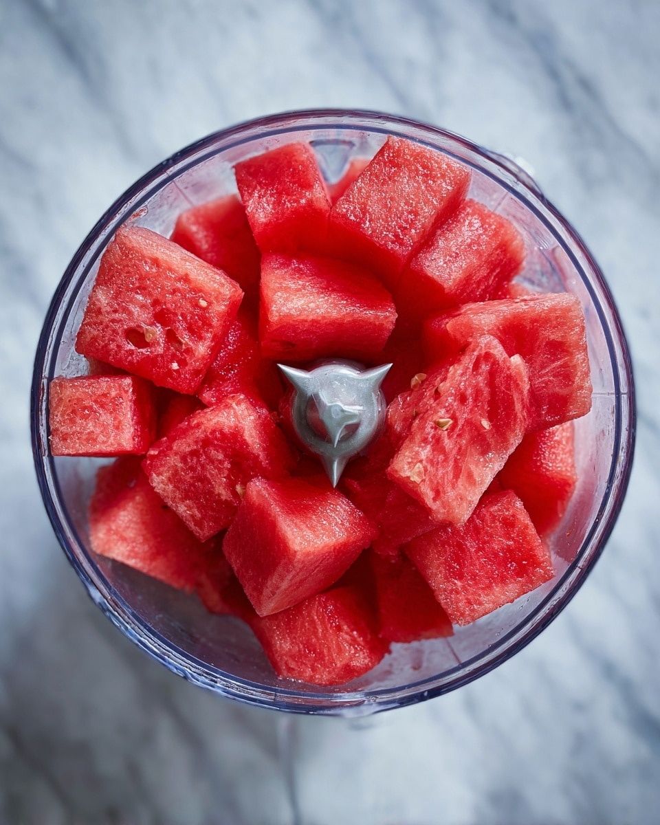 The image shows a close-up top view of a blender container filled with big, red watermelon chunks. The watermelon pieces are uneven, mostly square, and fill the blender base around the sharp silver blades in the center. The blender container is clear, making the colors of the watermelon bright and fresh. The background is a white marbled surface. photo taken with an iphone --ar 4:5 --v 7