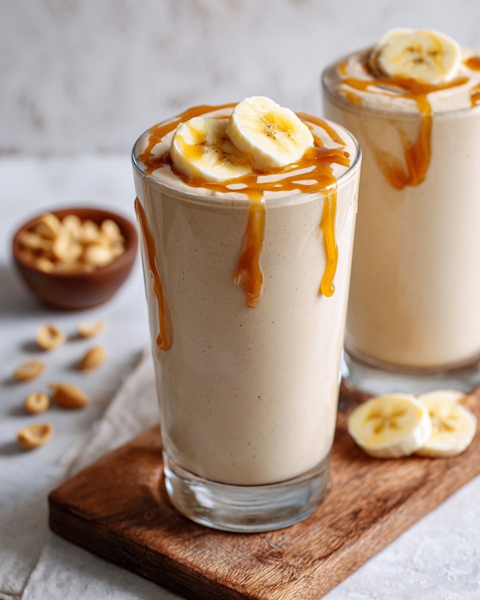 A tall clear glass filled with a creamy light beige smoothie sits on a wooden board over a white marbled surface. On top, there are several thin banana slices placed in the middle with light caramel-colored syrup drizzled in swirls around and over the banana, adding a shiny texture. The smoothie looks smooth and thick, filling the glass almost to the top. In the background, a second glass with the same smoothie and topping is partially visible along with some scattered peanuts and a few banana slices on the white marbled surface. Photo taken with an iphone --ar 4:5 --v 7