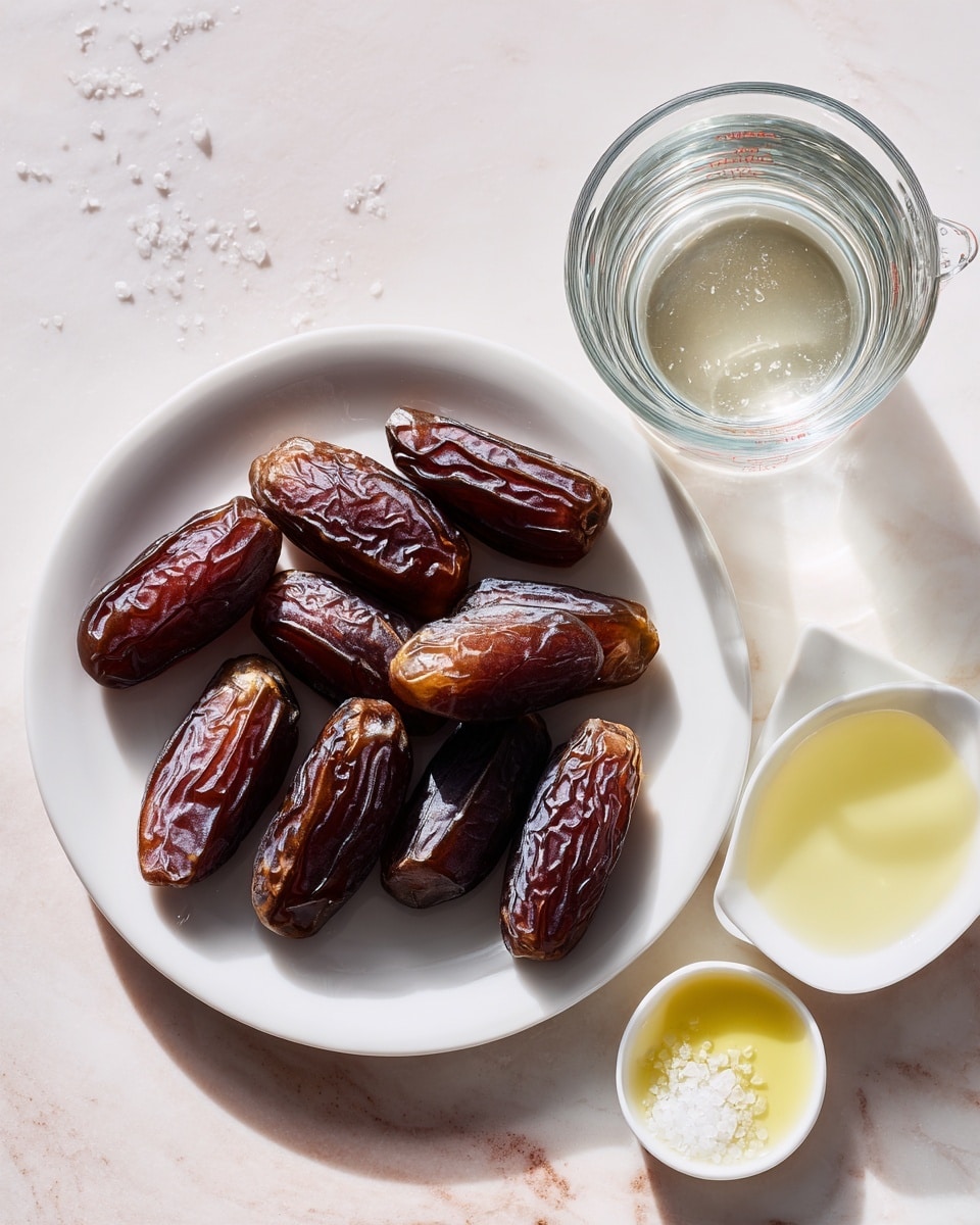 A white round plate holds twelve dark brown dates with wrinkled skin, arranged loosely across the surface. To the right of the plate, a glass measuring cup filled with clear water sits on a white marbled texture surface. Below the measuring cup, there are two small white square dishes: the left one contains white salt crystals, and the right one holds light yellow liquid, possibly lemon juice or oil. The setting is bright and clean with soft natural light. photo taken with an iphone --ar 4:5 --v 7