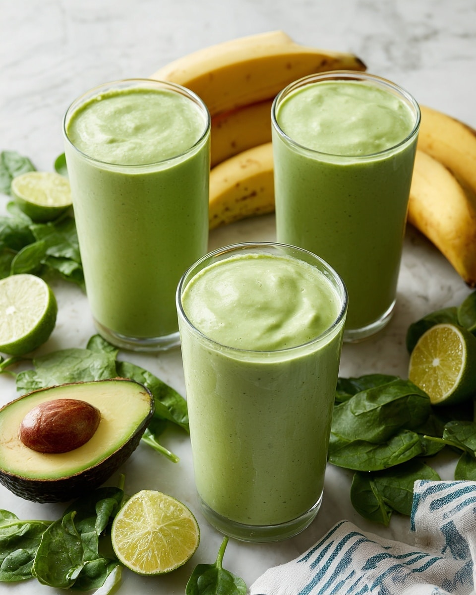 Three tall clear cups filled with smooth light green smoothie sit on a white marbled surface. Each cup is full to the top with the thick, creamy drink. Around the cups are fresh ingredients including bright green avocado halves, some with a large brown seed inside, halved limes showing a juicy pale green inside, fresh dark green spinach leaves scattered nearby, and a pair of yellow bananas with brown spots on the peel. A folded white and blue striped cloth is placed at the bottom right corner. The whole scene is bright and fresh with natural light. photo taken with an iphone --ar 4:5 --v 7