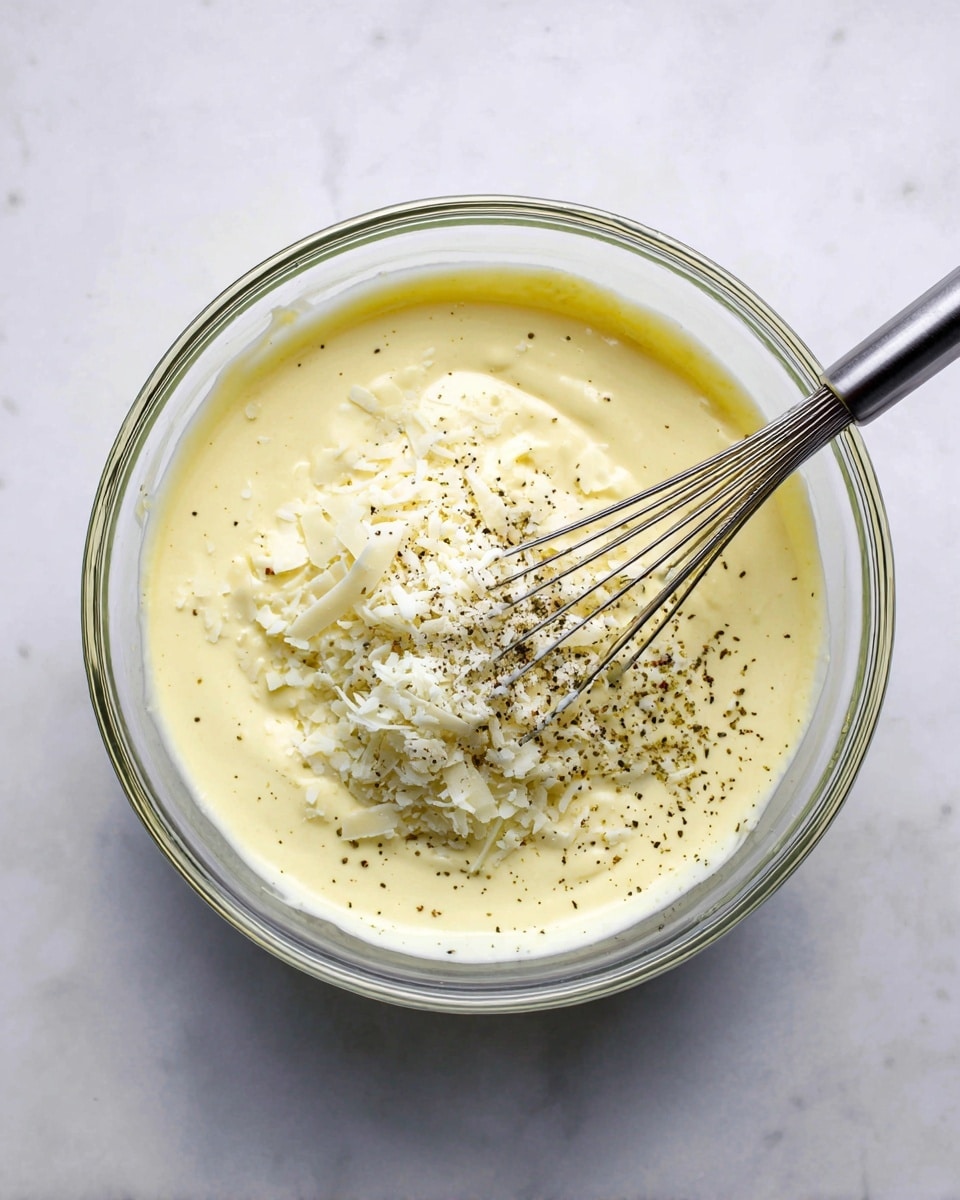 A clear glass bowl is filled with a creamy light yellow mixture, which looks smooth and thick. On top of the mixture, there is a layer of white grated cheese sprinkled with some black pepper, adding texture and contrast. A silver whisk rests inside the bowl, partially covered with the creamy mixture and some cheese. The bowl sits on a white marbled surface, which adds a clean and bright background to the image. photo taken with an iphone --ar 4:5 --v 7