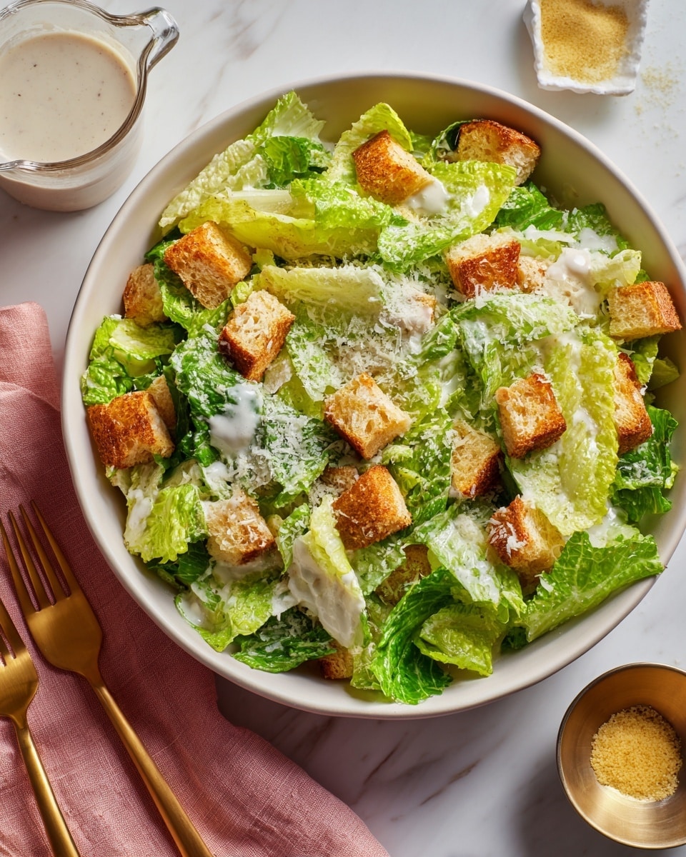 A white bowl filled with bright green romaine lettuce pieces as the base layer, topped with golden brown crispy croutons scattered across the top; creamy off-white Caesar dressing is drizzled unevenly over the salad, and finely grated white Parmesan cheese is sprinkled over everything. The bowl sits on a white marbled surface with a gold spoon and fork next to a pink cloth napkin in the lower left corner. In the background, there is a glass measuring cup with some dressing and a metal cup with a yellowish powder. Photo taken with an iphone --ar 4:5 --v 7