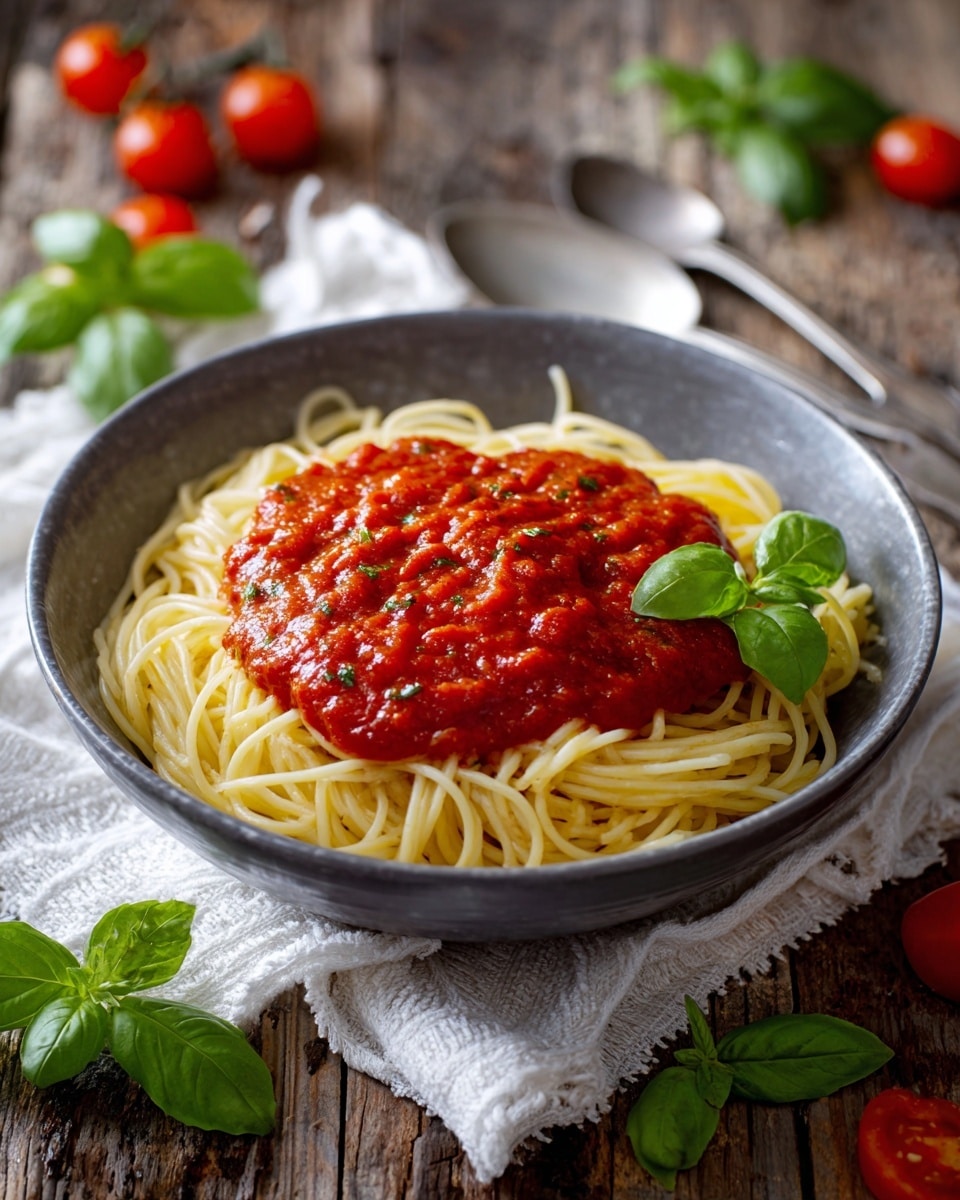 A bowl of spaghetti pasta topped with a thick layer of red tomato sauce with visible herbs, placed in the center of a bowl. The spaghetti is pale yellow and arranged in a loose pile underneath the sauce. The bowl is white, set on a white marbled surface with fresh basil leaves and small red cherry tomatoes scattered around. A white cloth with red stripes is under the bowl on one side, and shiny silver fork and spoon rest to the right of the bowl. photo taken with an iphone --ar 4:5 --v 7