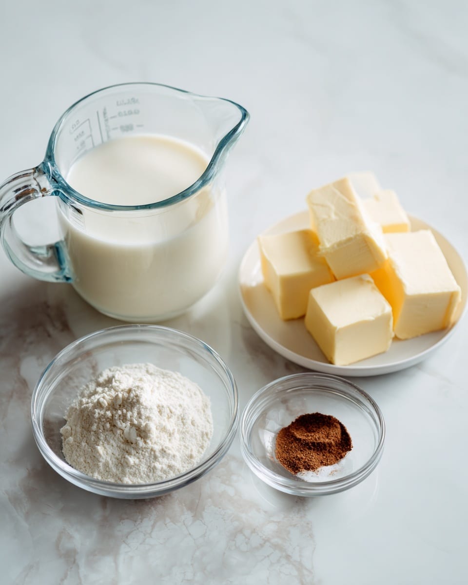 A clear glass measuring cup on the left filled with white milk, next to a small white bowl with four rectangular pieces of butter neatly placed inside, slightly to the right. In front of the measuring cup are two small clear glass bowls, one holding white flour and the other containing a small amount of brown spice. All items are arranged on a white marbled surface. Photo taken with an iphone --ar 4:5 --v 7
