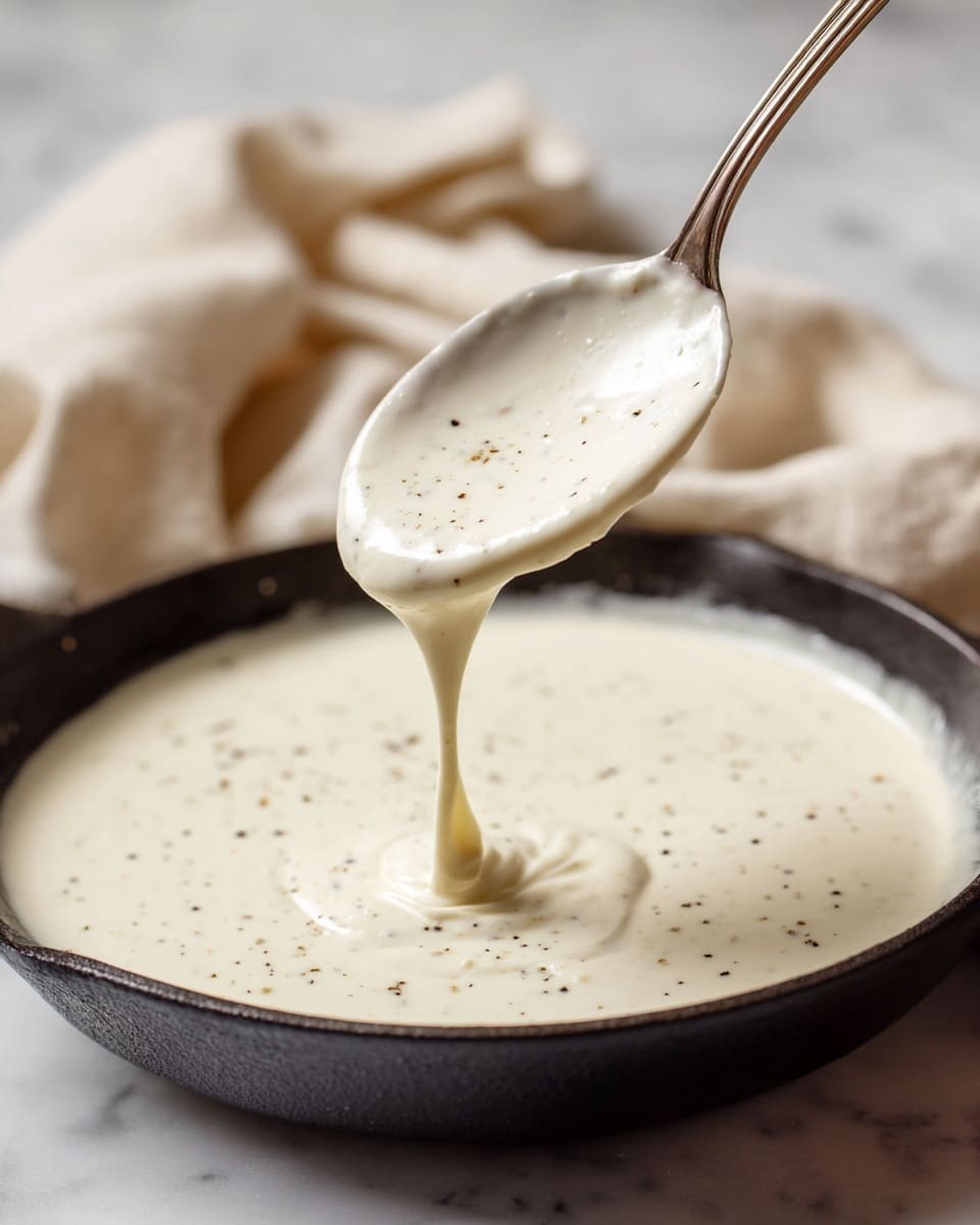 A close-up view of a creamy white sauce with small specks of black pepper, thick and smooth in texture, being lifted by a metal spoon over a black skillet filled with the same sauce. In the background, there is a soft beige cloth, and the surface is a white marbled texture. The sauce is thick enough to slowly drip from the spoon back into the skillet. photo taken with an iphone --ar 4:5 --v 7