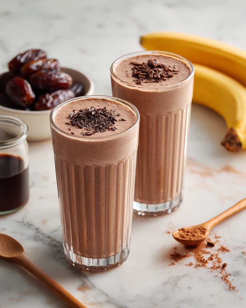 Two tall clear glasses filled with a light brown, smooth smoothie topped with dark brown chocolate shavings. The glasses have vertical ridges and sit on a white marbled surface. In the background, there is a white bowl with dark brown dates, a small glass container with dark liquid, a ripe yellow banana out of focus, and a few wooden spoons scattered around, one with a small amount of brown powder. Some chocolate shavings are also scattered on the surface around the glasses. photo taken with an iphone --ar 4:5 --v 7