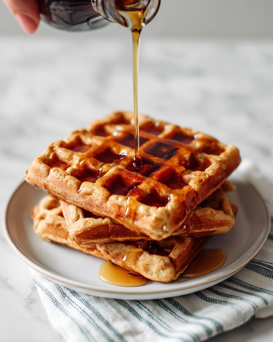 Two square waffles with a brown, slightly crispy texture are stacked on a white plate. The waffles have a grid pattern with deep square pockets, and a golden syrup is being poured over the top waffle, filling some of the pockets with a shiny, dark amber liquid. A woman's hand holds the syrup bottle above the waffles. The plate is placed on a white marbled surface with a slight blue-striped cloth visible beneath it. photo taken with an iphone --ar 4:5 --v 7