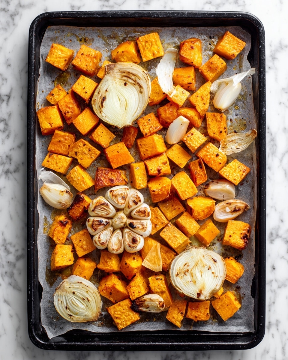 A black baking tray lined with parchment paper holds roasted vegetable pieces in various shapes and sizes, mostly orange pieces of squash and sweet potato with slightly browned edges. There are two halves of an onion with a light golden-brown color and one head of roasted garlic with cloves visible in a circular pattern at the center. The tray's surface beneath looks slightly greasy from roasting. The background is a white marbled texture photo taken with an iphone --ar 4:5 --v 7