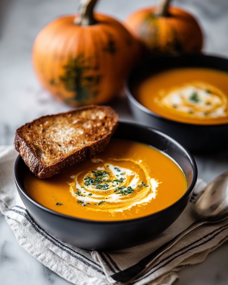 A deep black bowl holds smooth orange pumpkin soup with a swirl of cream on top and finely chopped green herbs scattered over the surface. On the left edge of the bowl, a piece of toasted bread with a crunchy, browned texture rests partly over the soup. Two whole orange pumpkins with natural greenish marks are placed behind the bowl on a white marbled surface. In front of the bowl, a silver spoon is placed on a cream cloth napkin with thin black stripes. The scene is softly lit, focusing on the rich colors and textures of the soup and toast. photo taken with an iphone --ar 4:5 --v 7