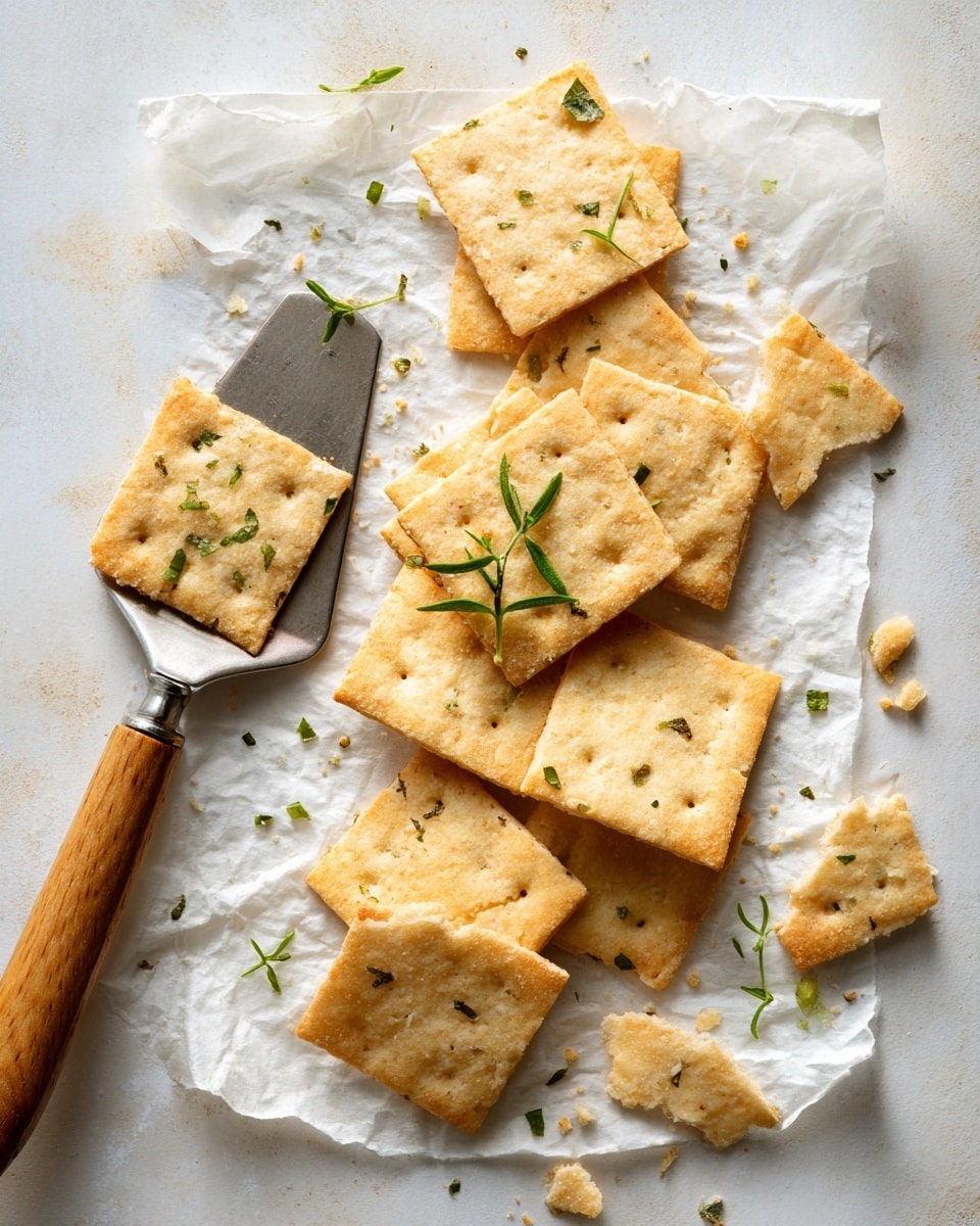 Several thin, square crackers with a light beige color and small green herb pieces are laid out on a crumpled white paper sheet over a white marbled surface. Some crackers are whole, while others are broken into smaller pieces, showing a rough, uneven texture. A metal spatula with a wooden handle holds two crackers near the center of the image. The overall scene has a soft natural light and a simple, clean look. Photo taken with an iphone --ar 4:5 --v 7